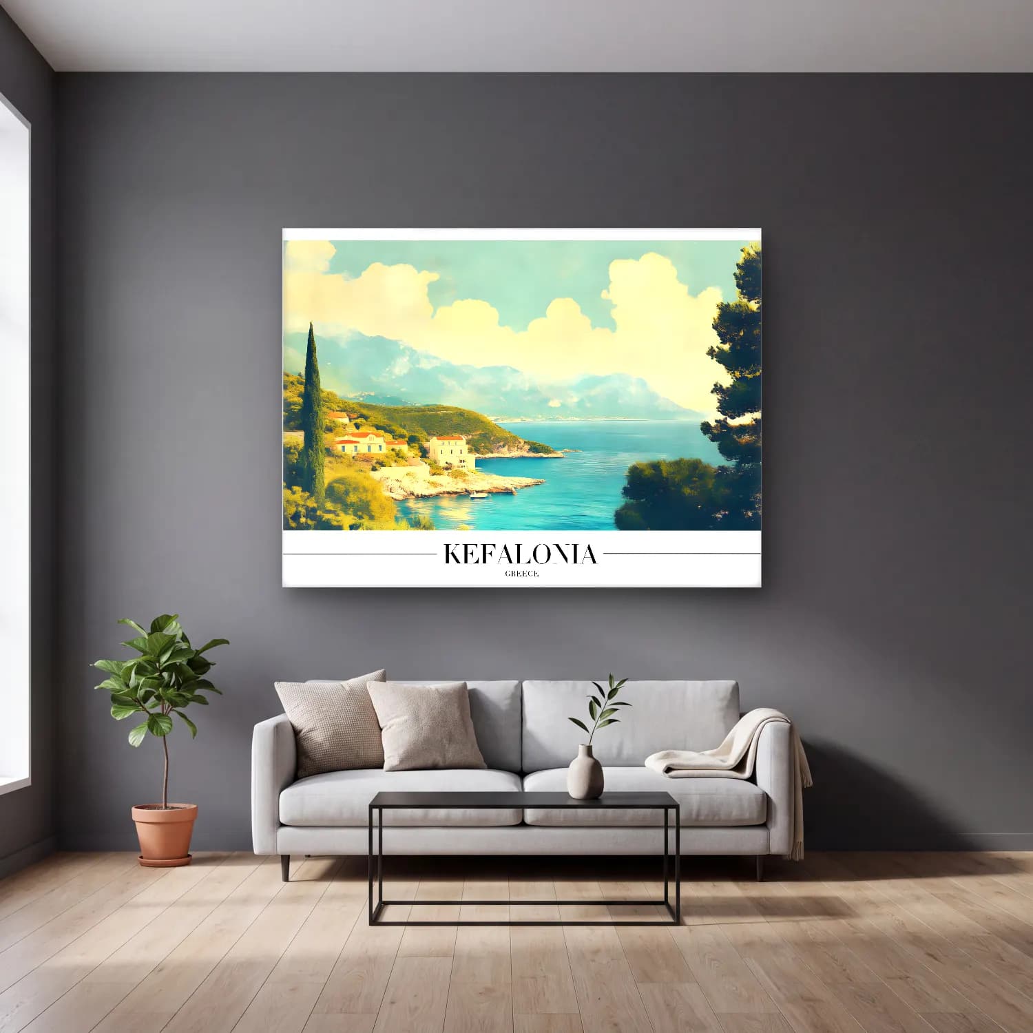 Pastel Akdeniz Sahil Kasabası No. 20 cam tablo — gri duvarlı salonda