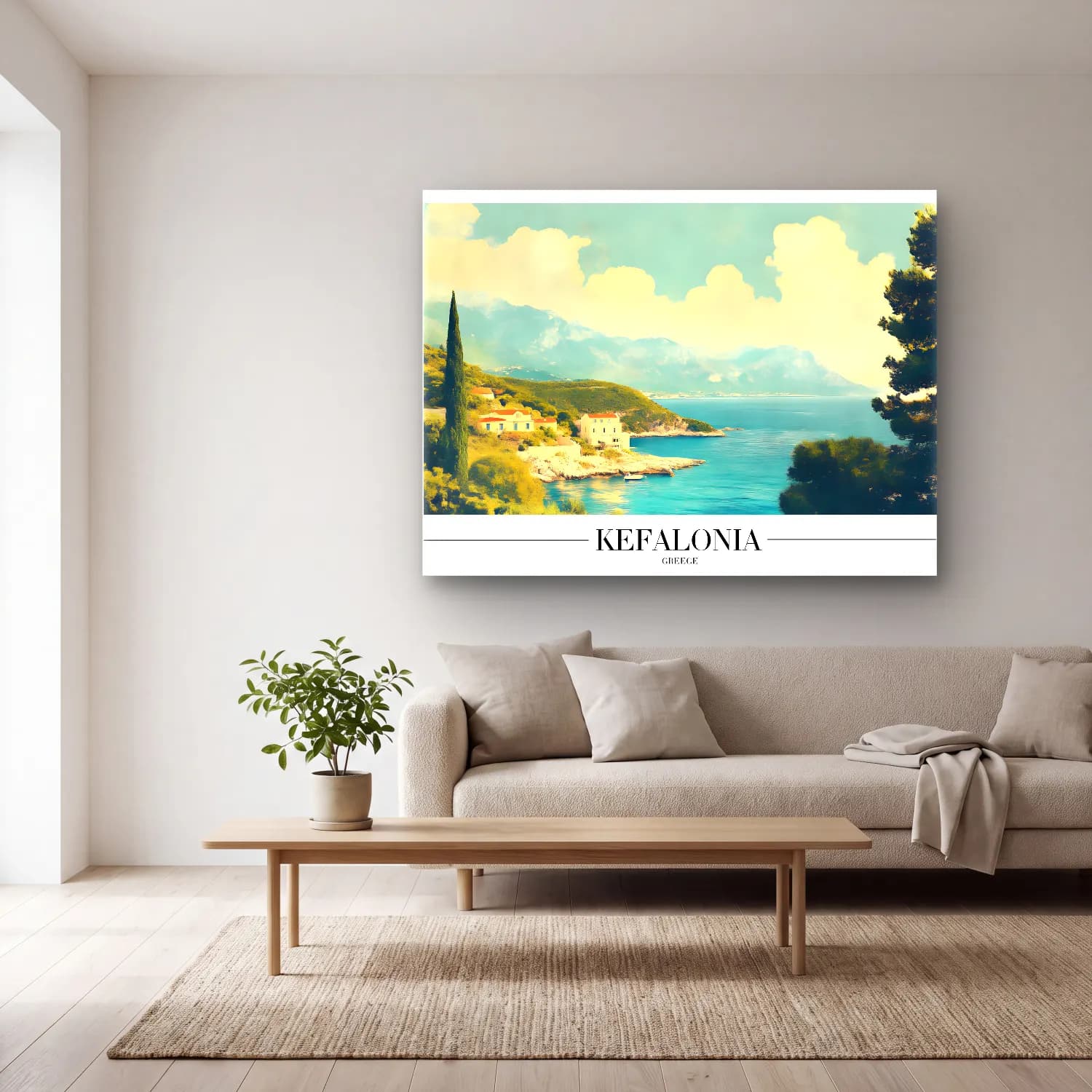 Pastel Akdeniz Sahil Kasabası No. 20 cam tablo — açık renk salonda