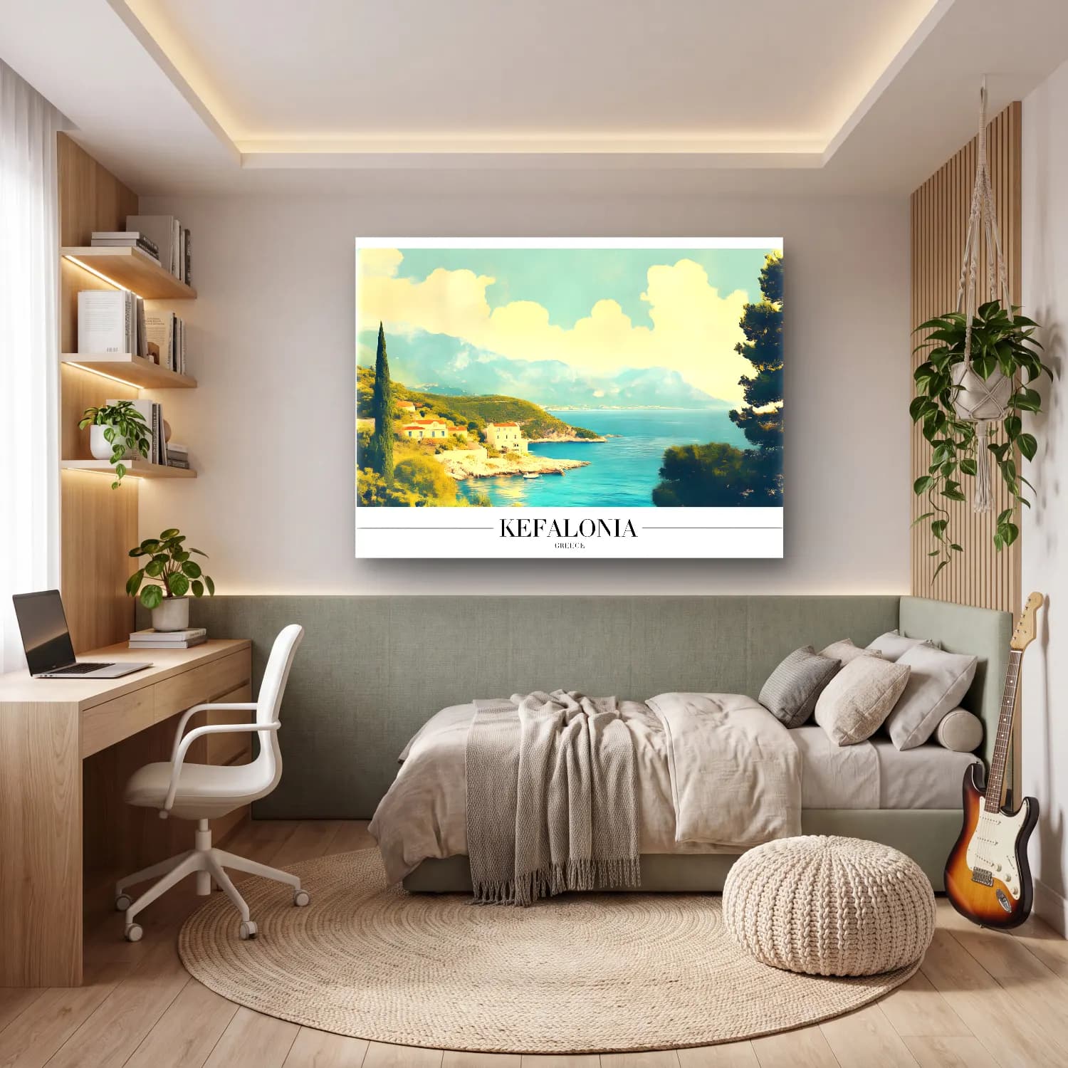 Pastel Akdeniz Sahil Kasabası No. 20 cam tablo — genç odasında