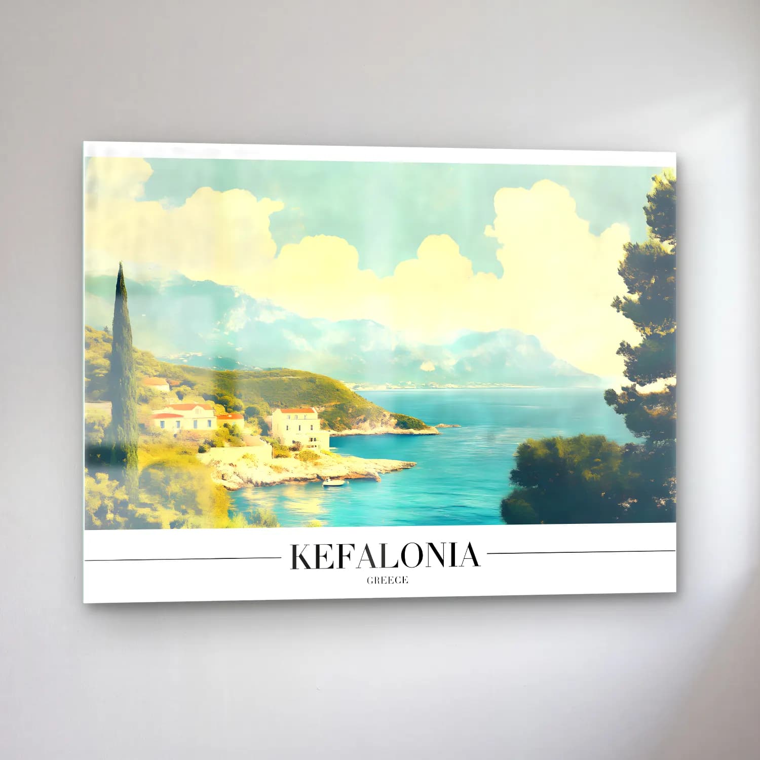 Pastel Akdeniz Sahil Kasabası No. 20 cam tablo — sol açıdan görünüm