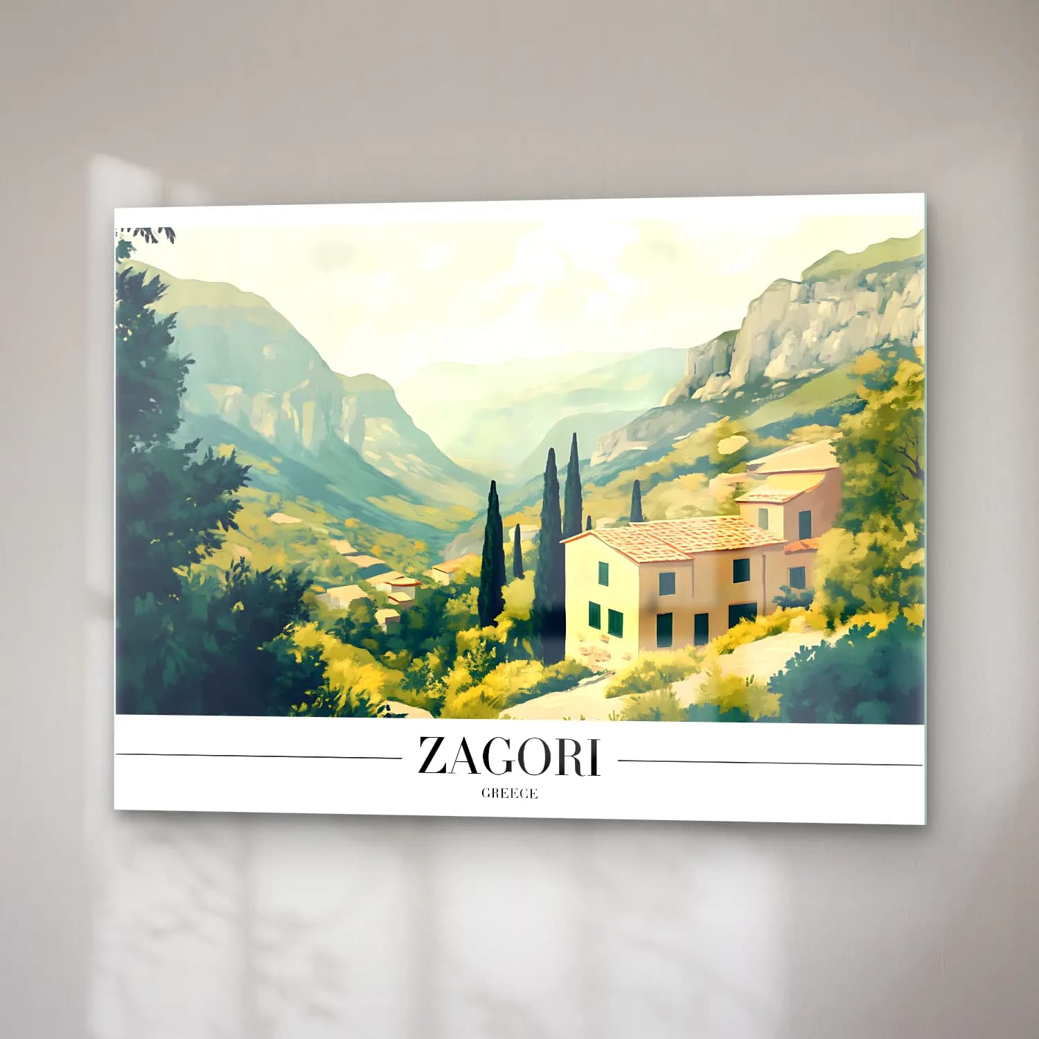 Pastel Akdeniz Sahil Kasabası No. 21 cam tablo — sağ açıdan görünüm