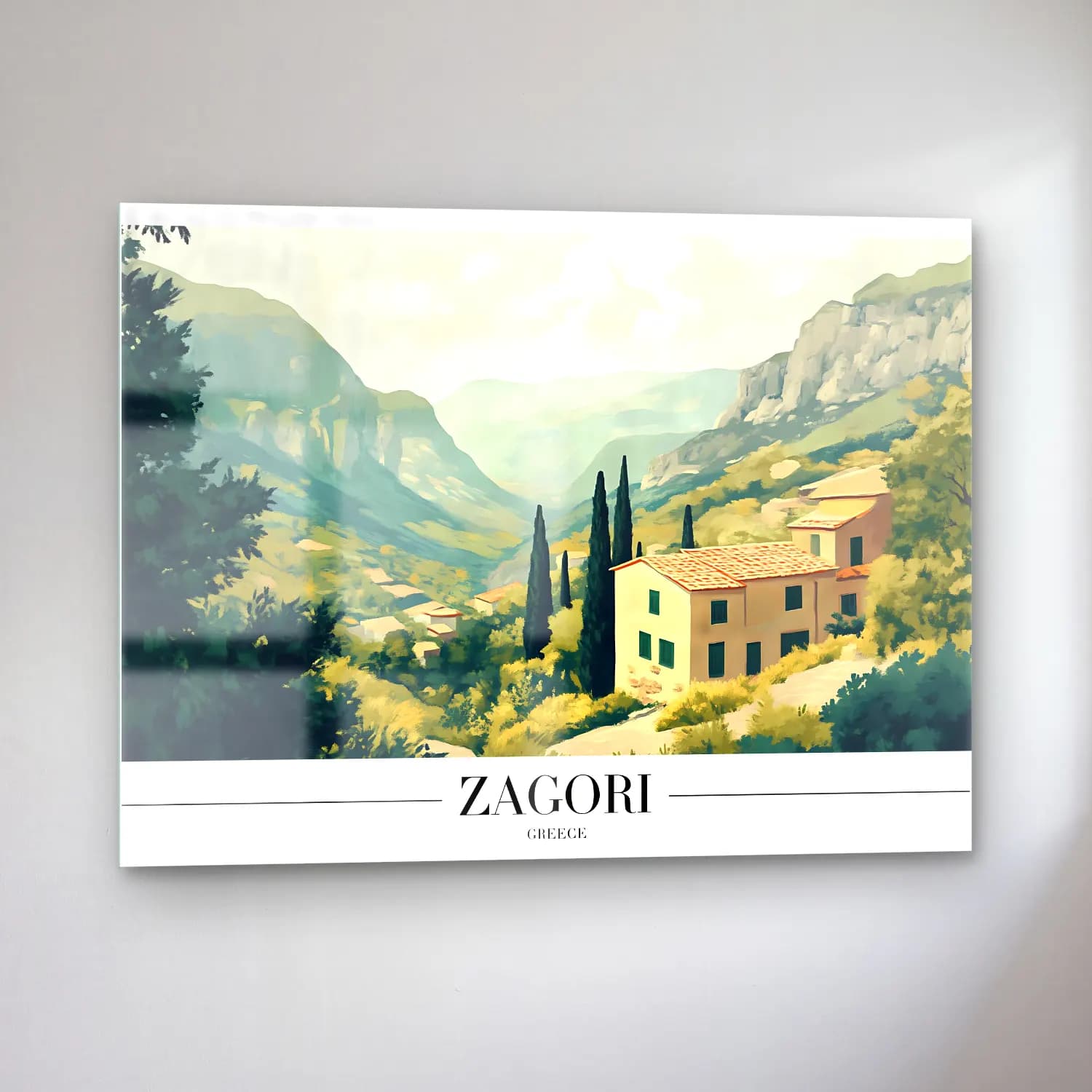 Pastel Akdeniz Sahil Kasabası No. 21 cam tablo — sol açıdan görünüm