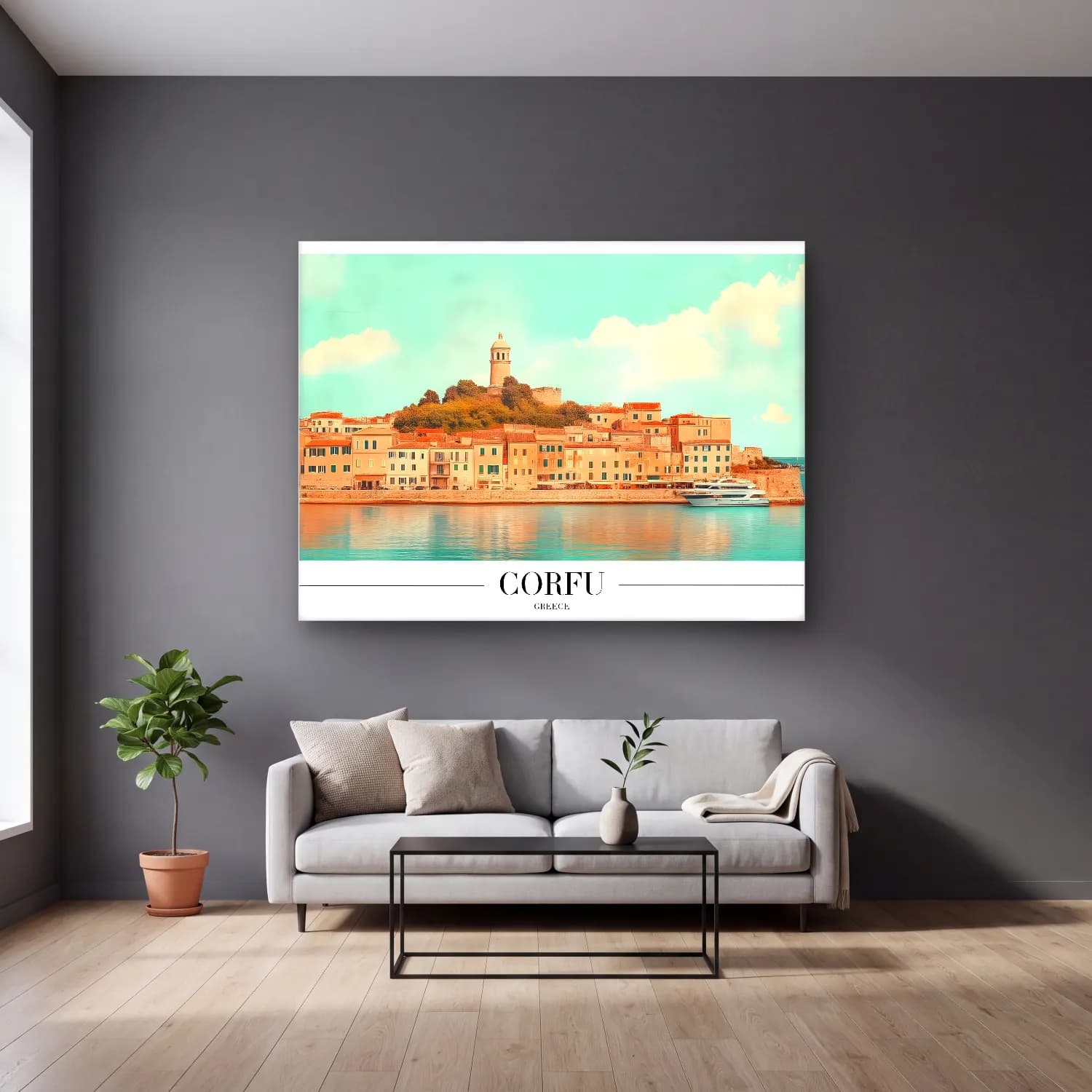 Pastel Akdeniz Sahil Kasabası No. 22 cam tablo — gri duvarlı salonda