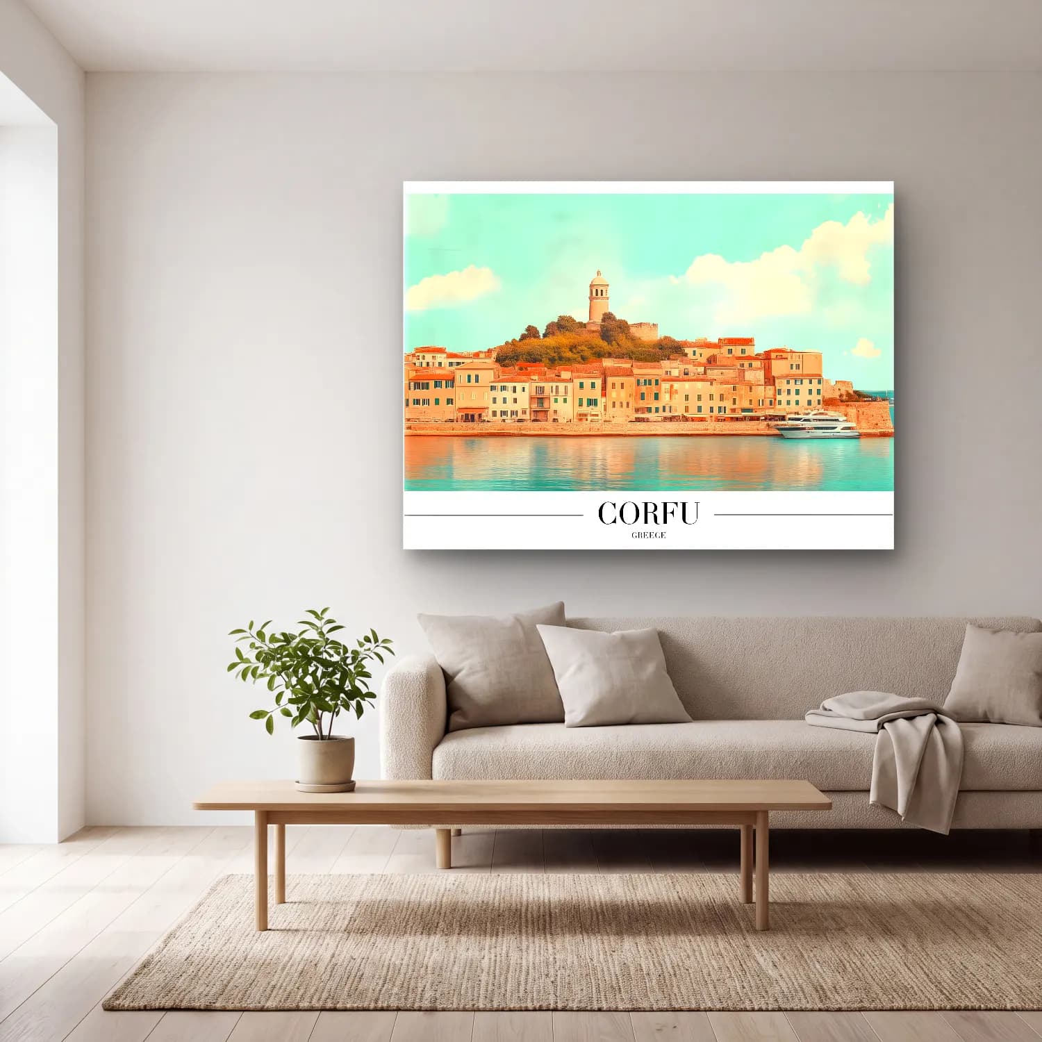 Pastel Akdeniz Sahil Kasabası No. 22 cam tablo — açık renk salonda