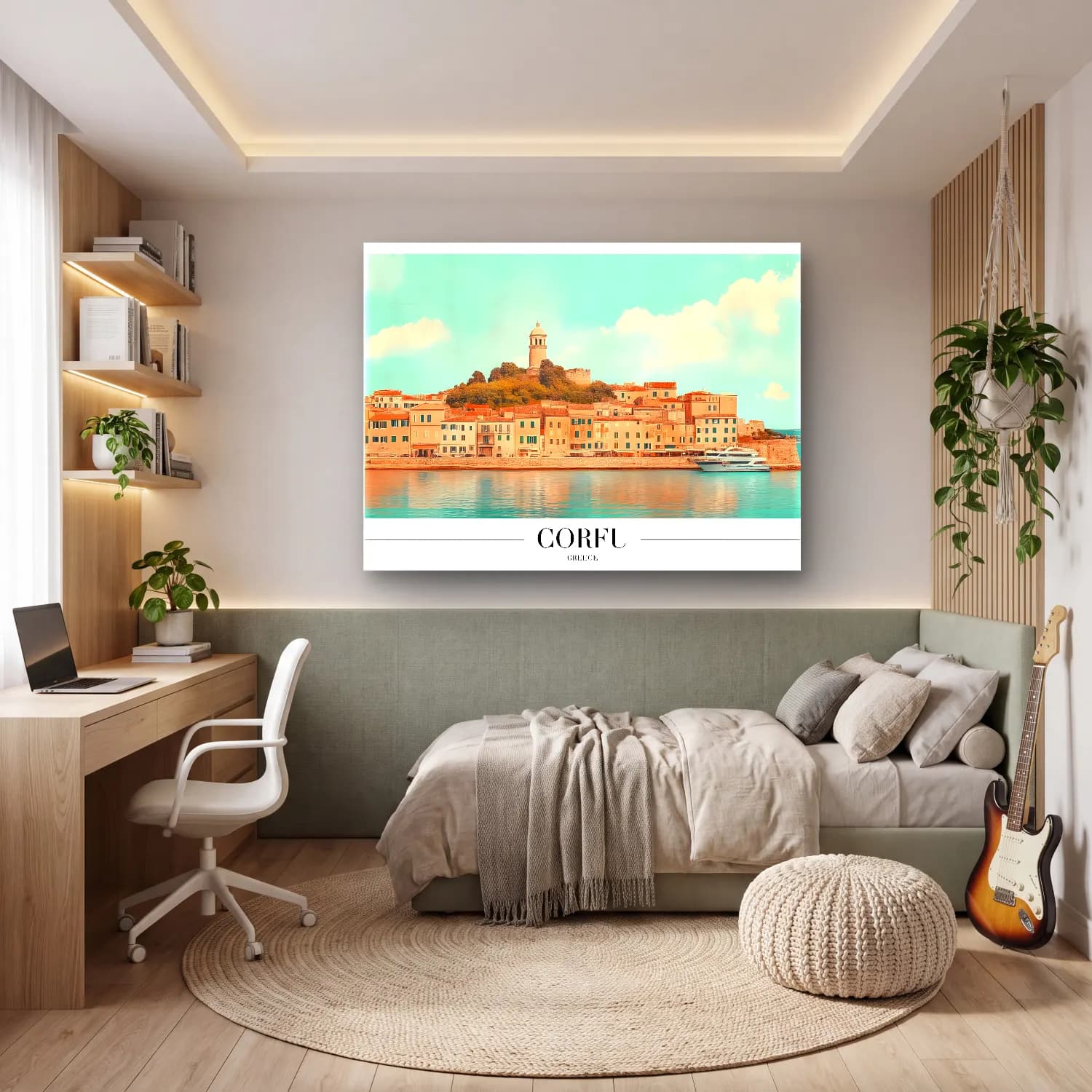 Pastel Akdeniz Sahil Kasabası No. 22 cam tablo — genç odasında