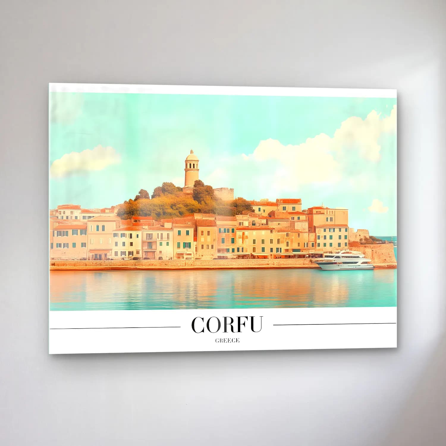 Pastel Akdeniz Sahil Kasabası No. 22 cam tablo — sol açıdan görünüm