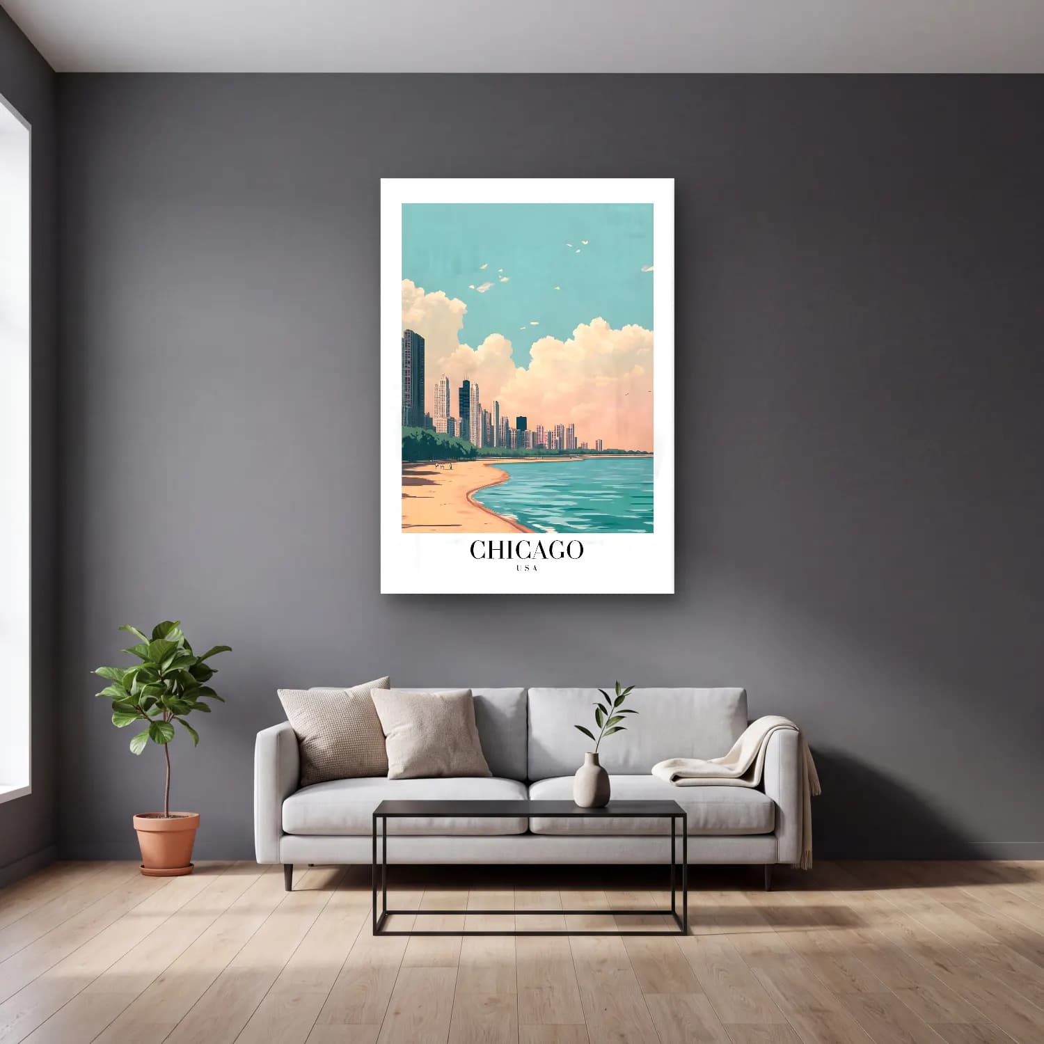 Pastel Sahilde İnsanlar No. 14 cam tablo — gri duvarlı salonda