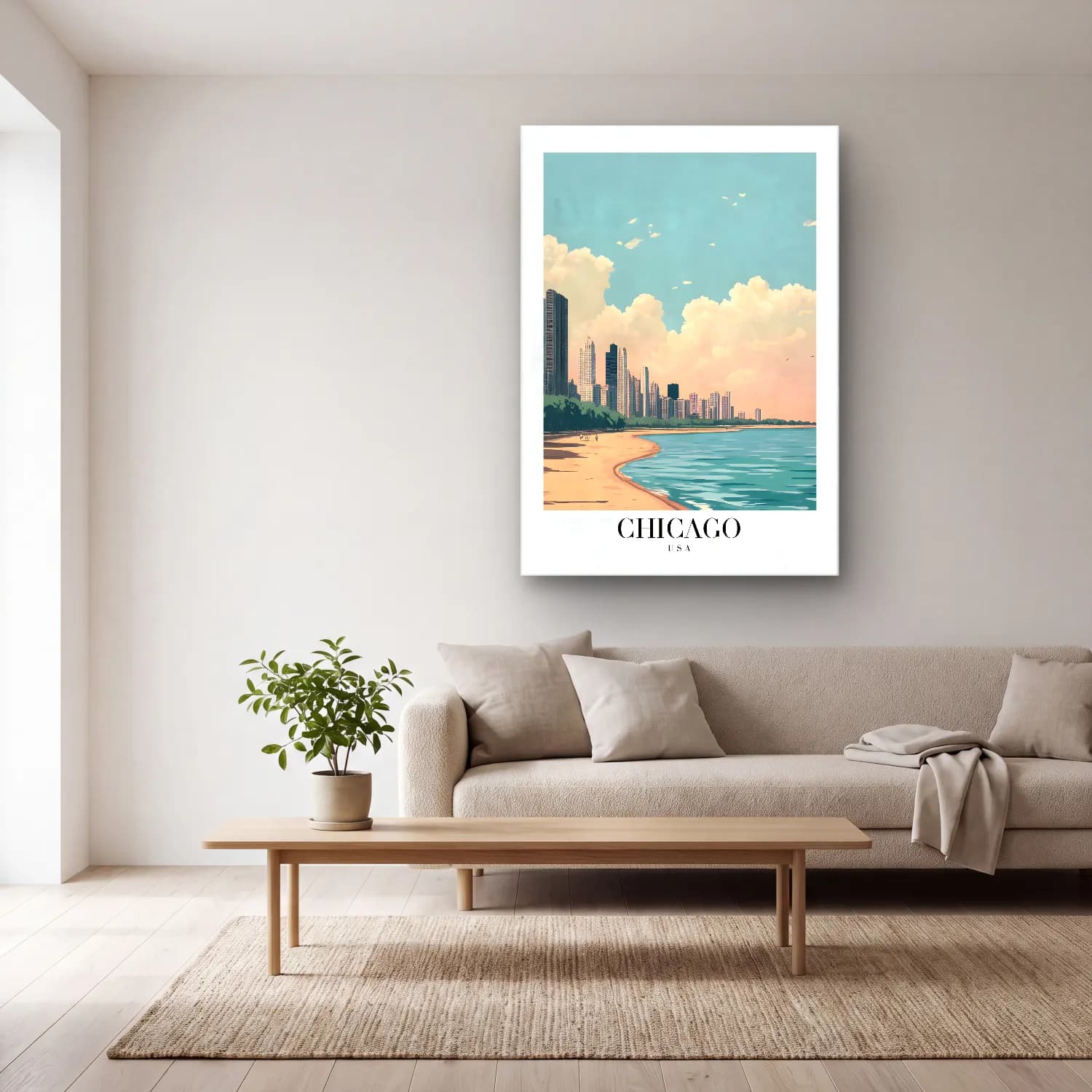 Pastel Sahilde İnsanlar No. 14 cam tablo — açık renk salonda