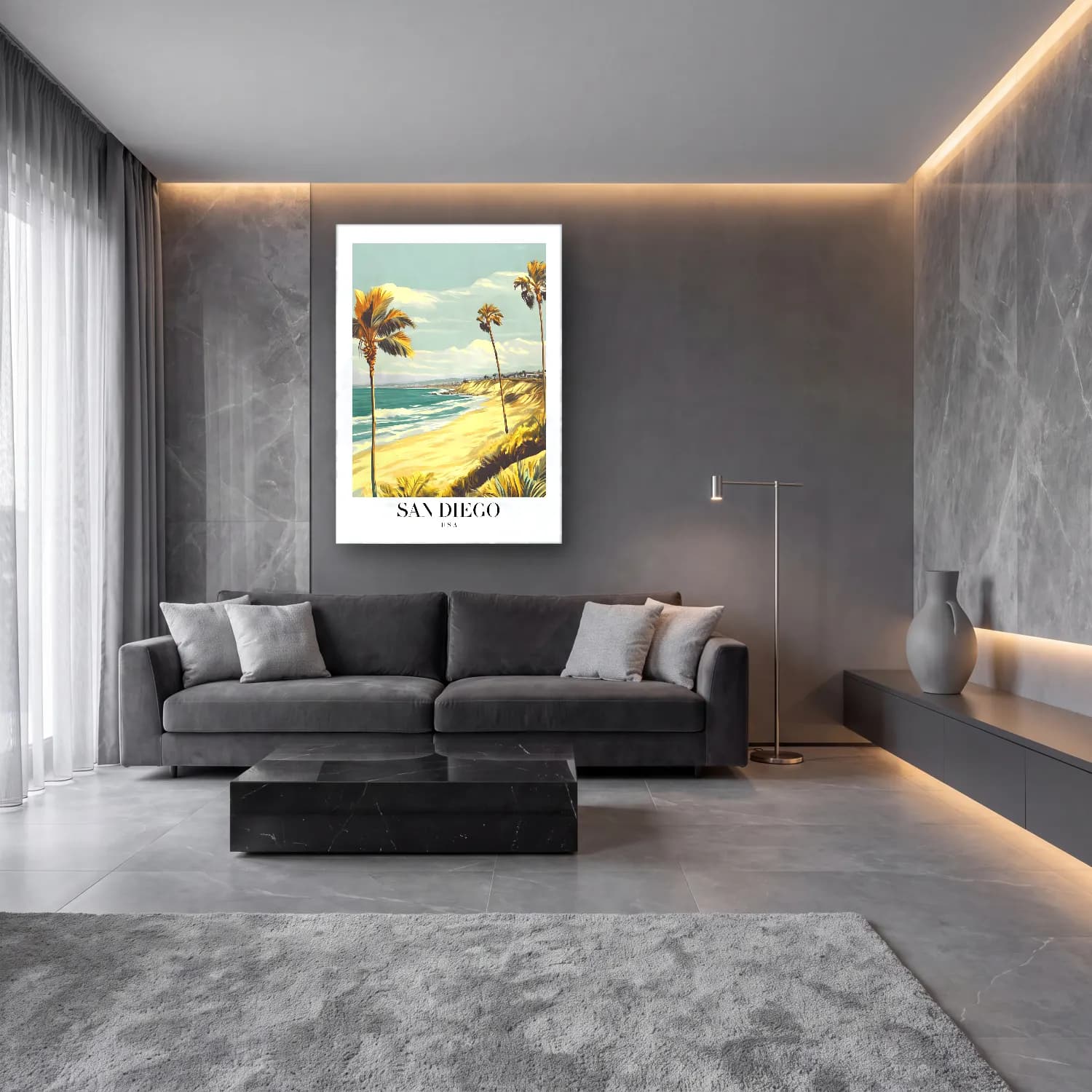 Pastel Palmiyeli Tropik Sahil No. 52 cam tablo — lüks salon duvarında