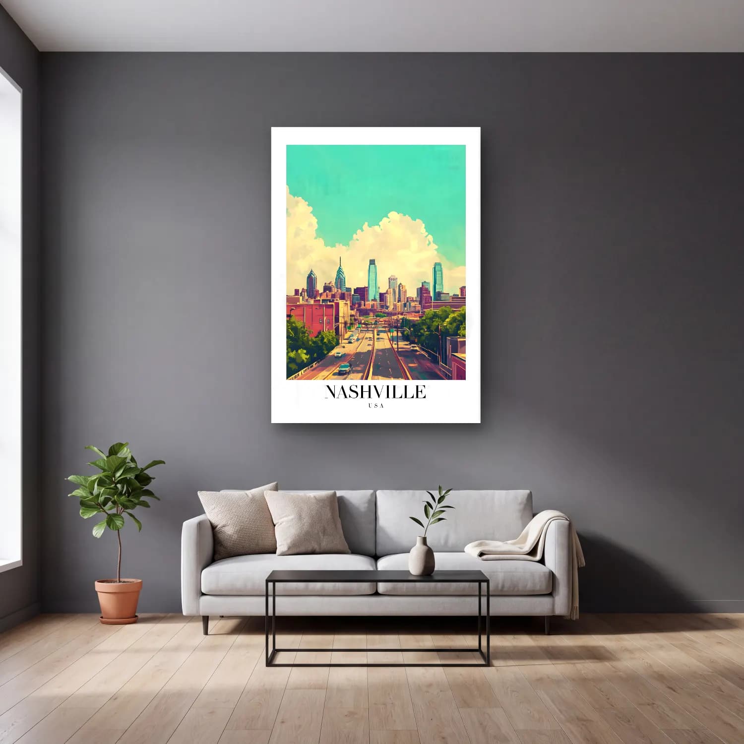 Vintage New York Silüeti No. 5 cam tablo — gri duvarlı salonda