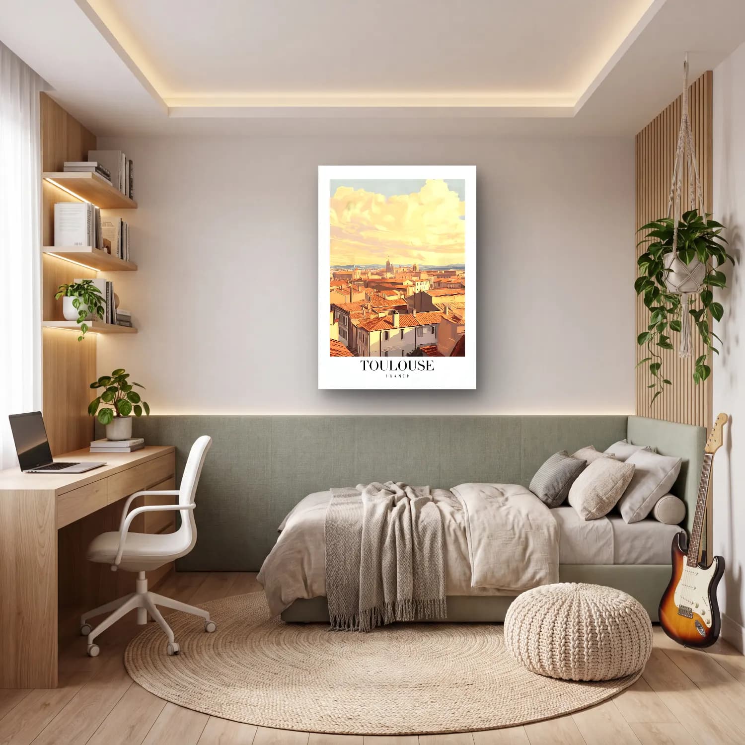 Pastel Akdeniz Sahil Kasabası No. 23 cam tablo — genç odasında