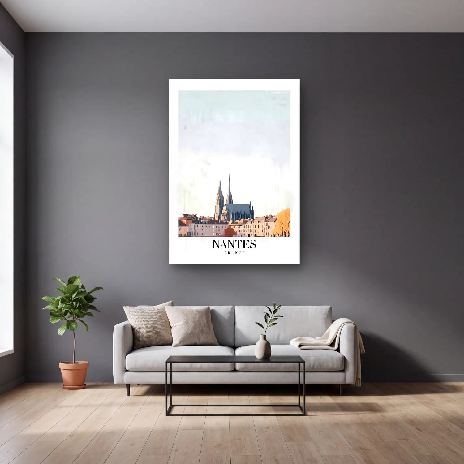 Pastel Katedral – Bej Tonlar cam tablo — gri duvarlı salonda