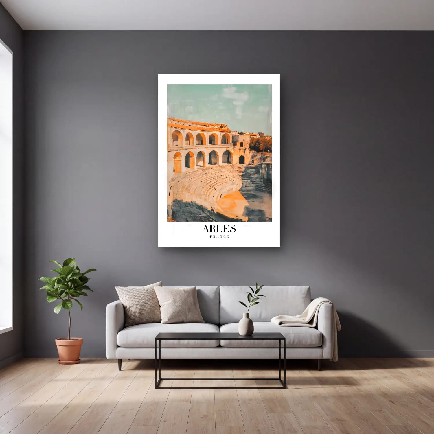 Pastel Roma No. 8 cam tablo — gri duvarlı salonda