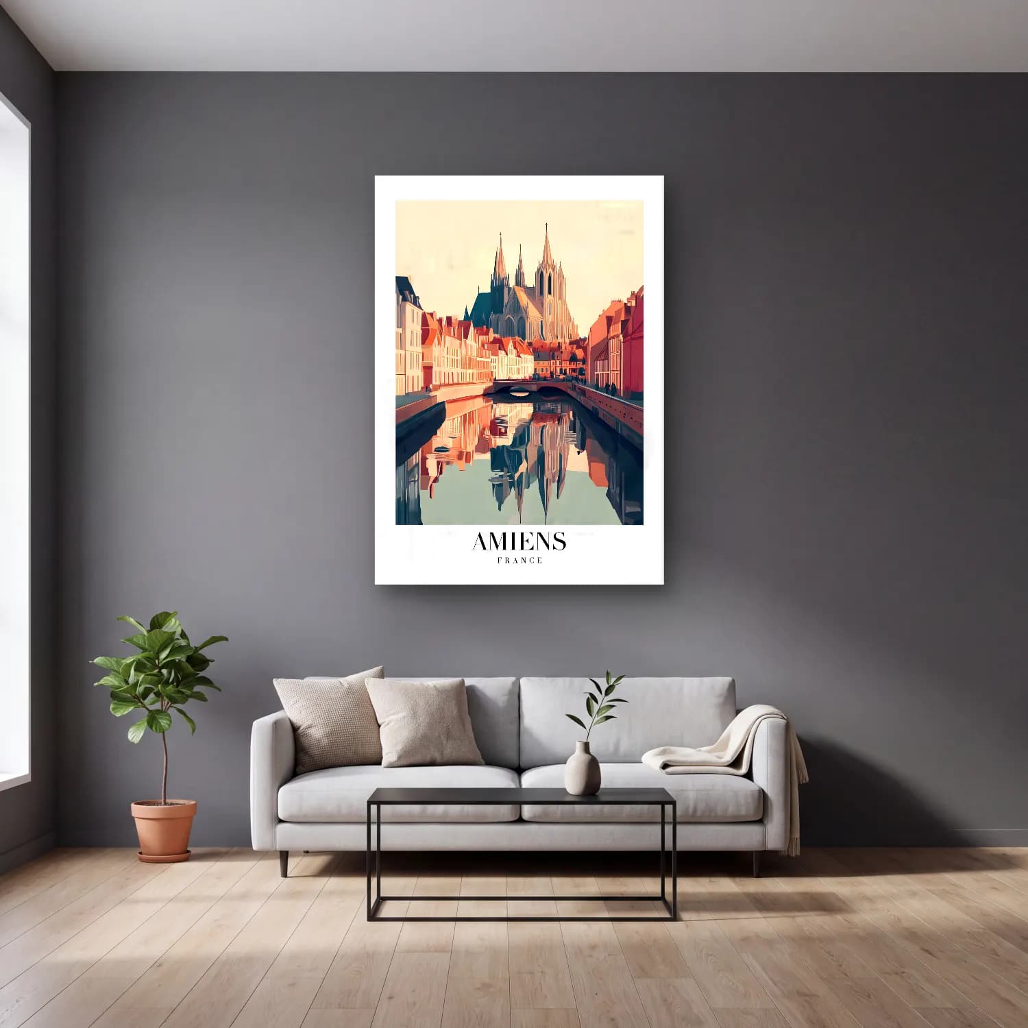 Vintage Poster Katedral No. 12 cam tablo — gri duvarlı salonda