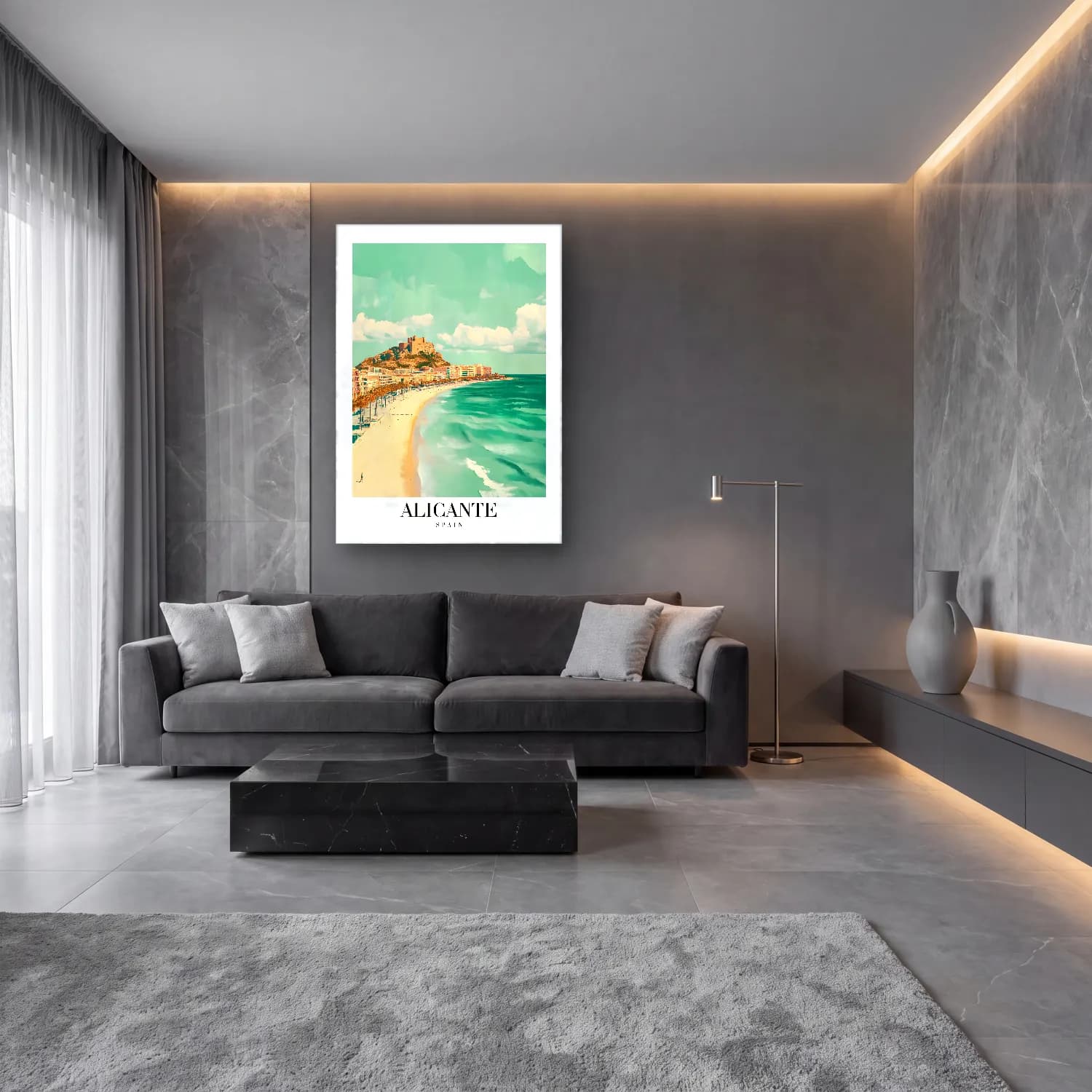 Pastel Akdeniz Sahil Kasabası No. 24 cam tablo — lüks salon duvarında