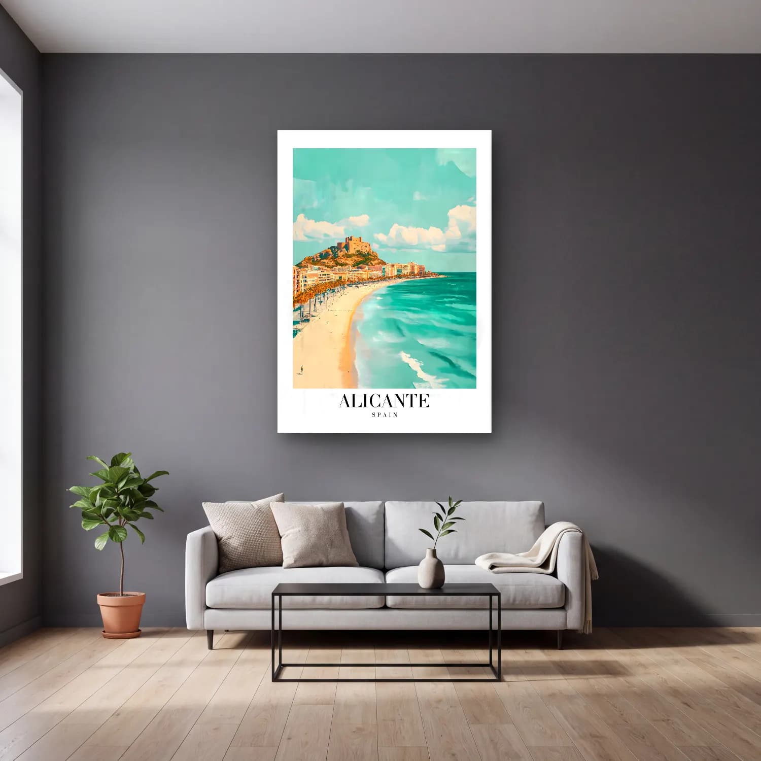 Pastel Akdeniz Sahil Kasabası No. 24 cam tablo — gri duvarlı salonda