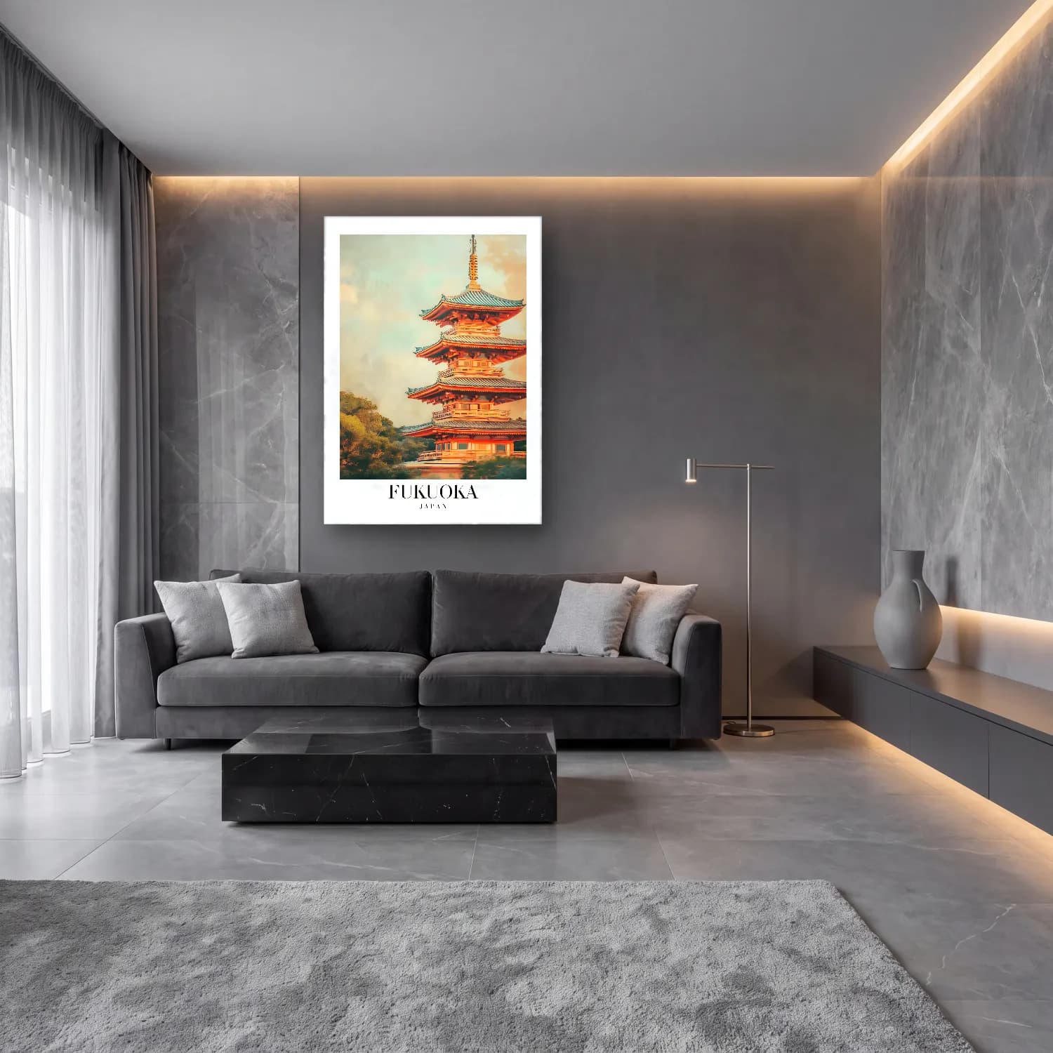 Pastel Japon Şehri No. 15 cam tablo — lüks salon duvarında