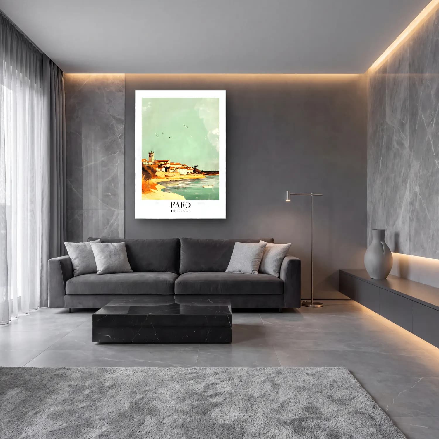 Pastel Akdeniz Sahil Kasabası No. 25 cam tablo — lüks salon duvarında