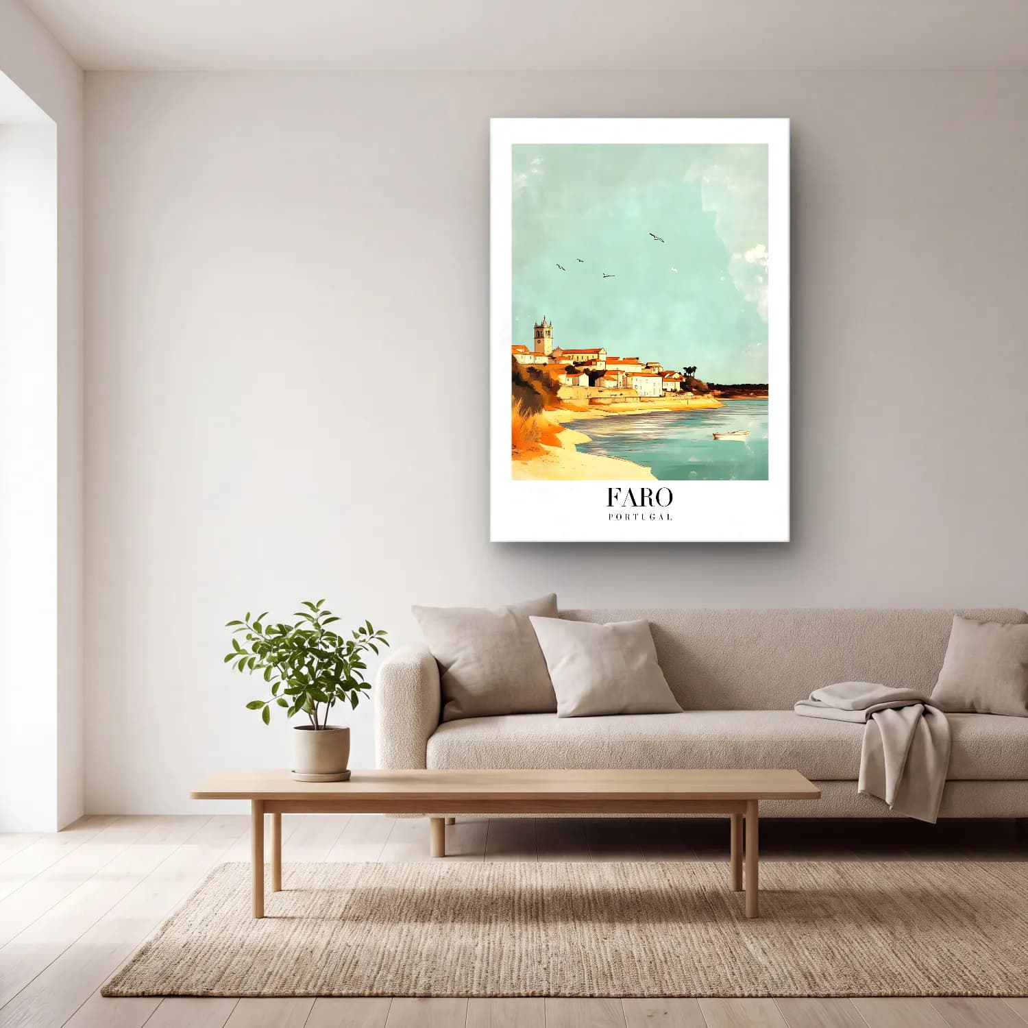 Pastel Akdeniz Sahil Kasabası No. 25 cam tablo — açık renk salonda