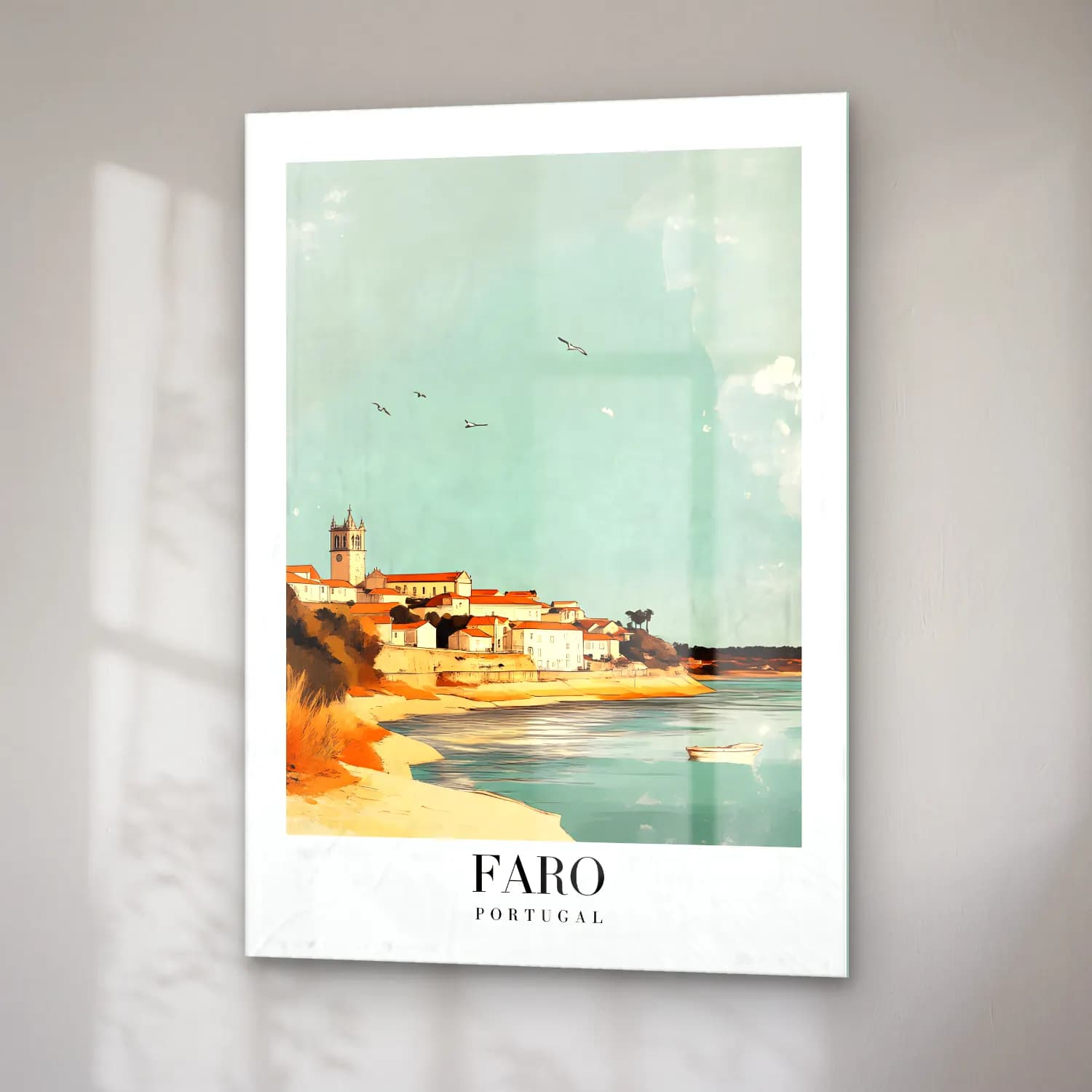 Pastel Akdeniz Sahil Kasabası No. 25 cam tablo — sağ açıdan görünüm