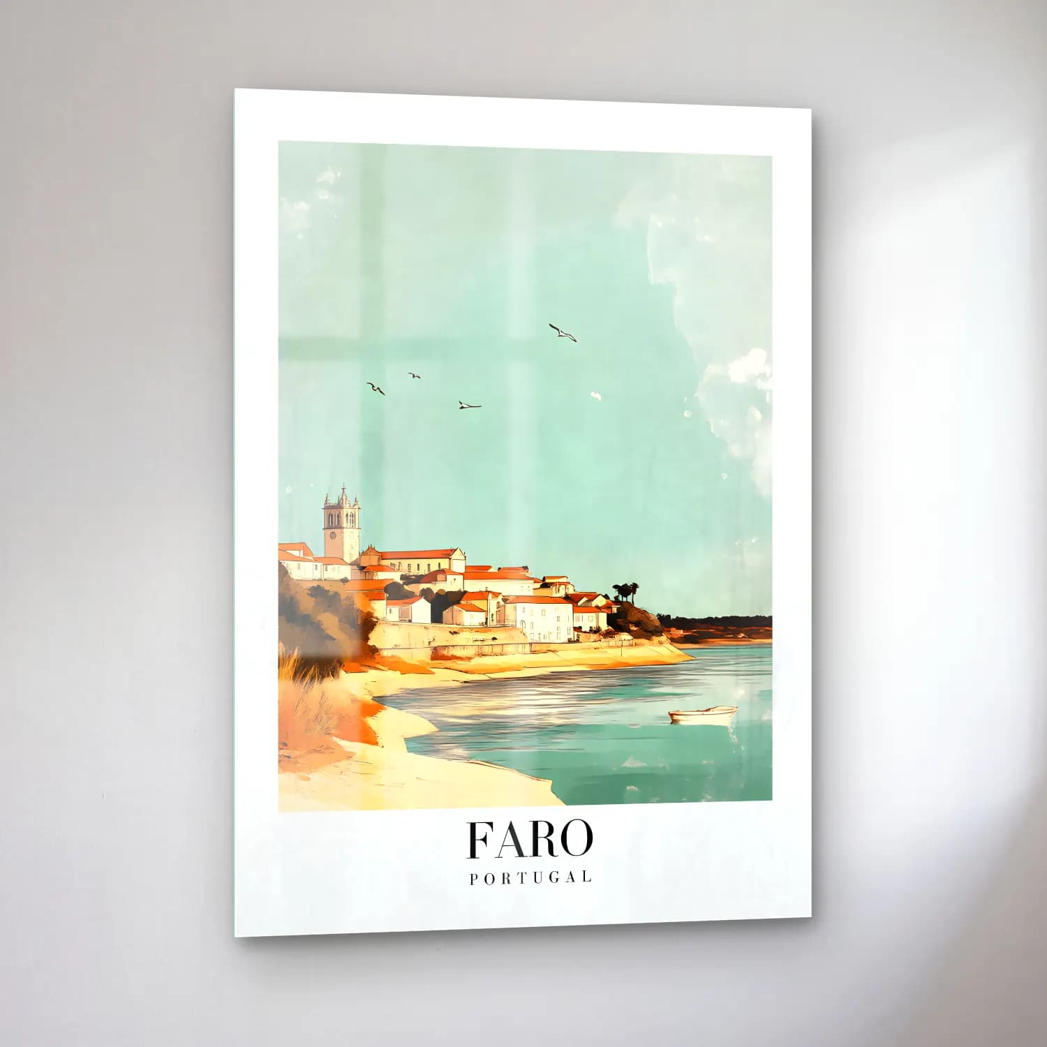 Pastel Akdeniz Sahil Kasabası No. 25 cam tablo — sol açıdan görünüm