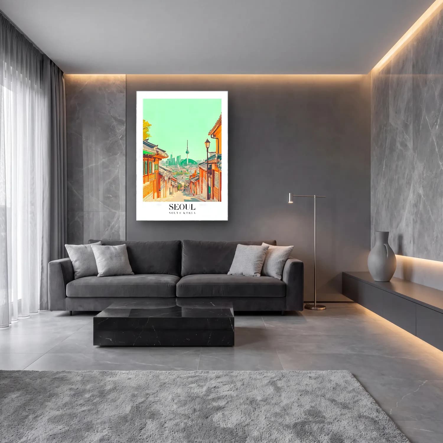 Pastel Japon Şehri No. 16 cam tablo — lüks salon duvarında