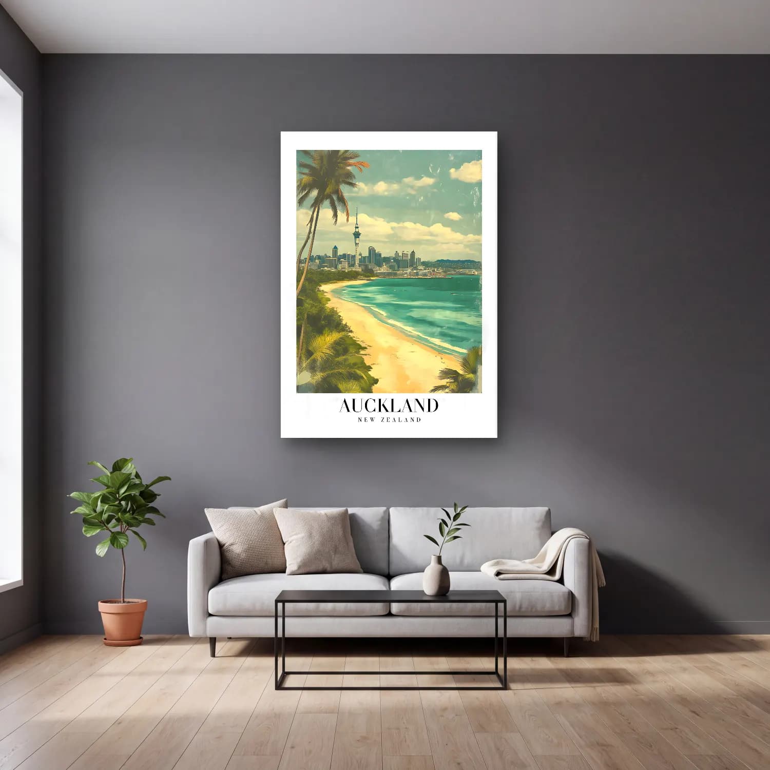 Vintage Poster Palmiyeli Tropik Sahil No. 7 cam tablo — gri duvarlı salonda