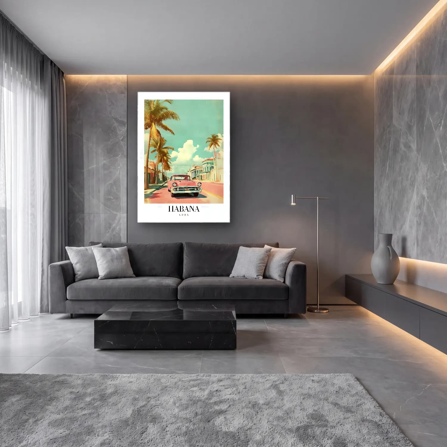 Pastel Klasik Araba No. 6 cam tablo — lüks salon duvarında