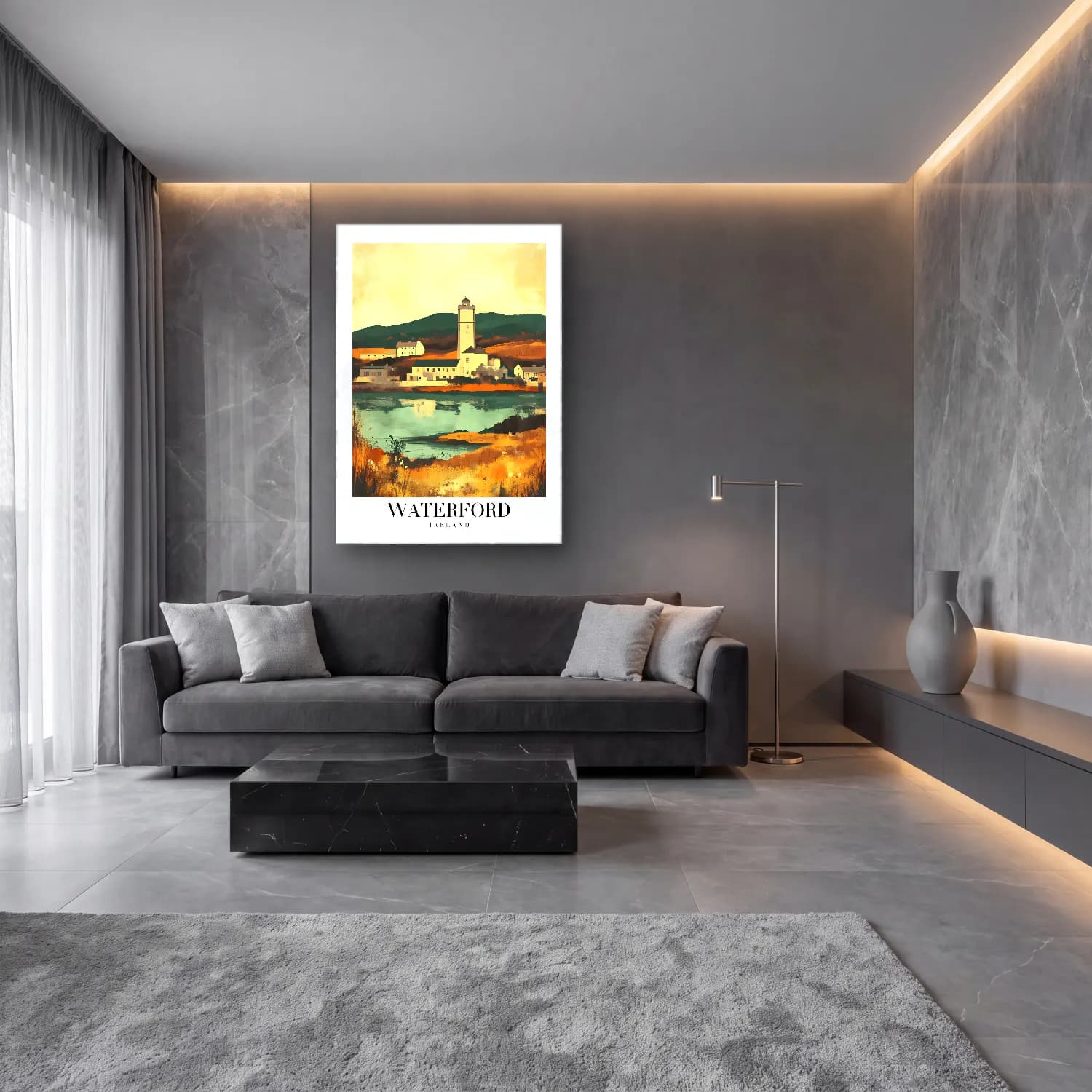 Pastel Deniz Feneri – Turkuaz Tonlar cam tablo — lüks salon duvarında
