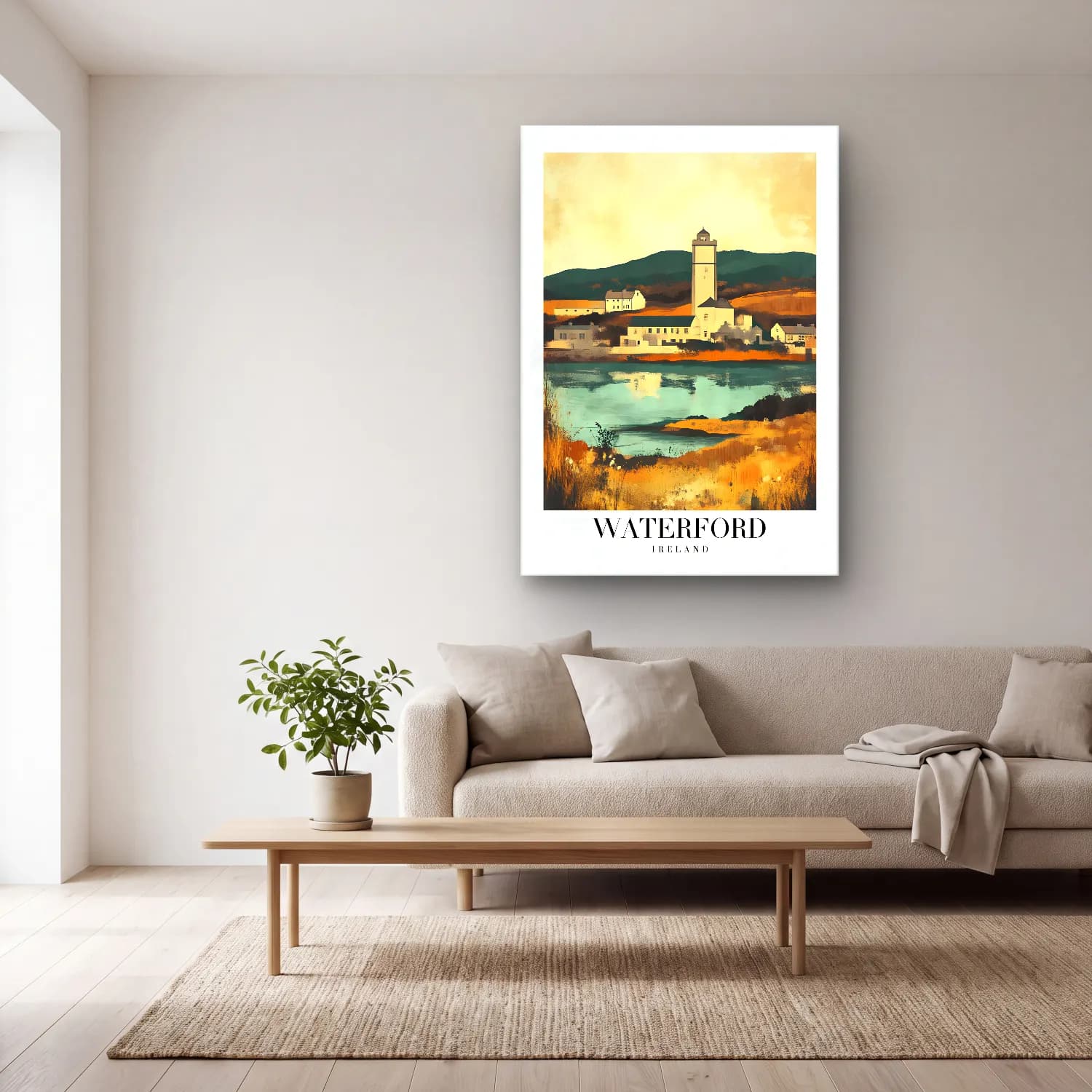 Pastel Deniz Feneri – Turkuaz Tonlar cam tablo — açık renk salonda
