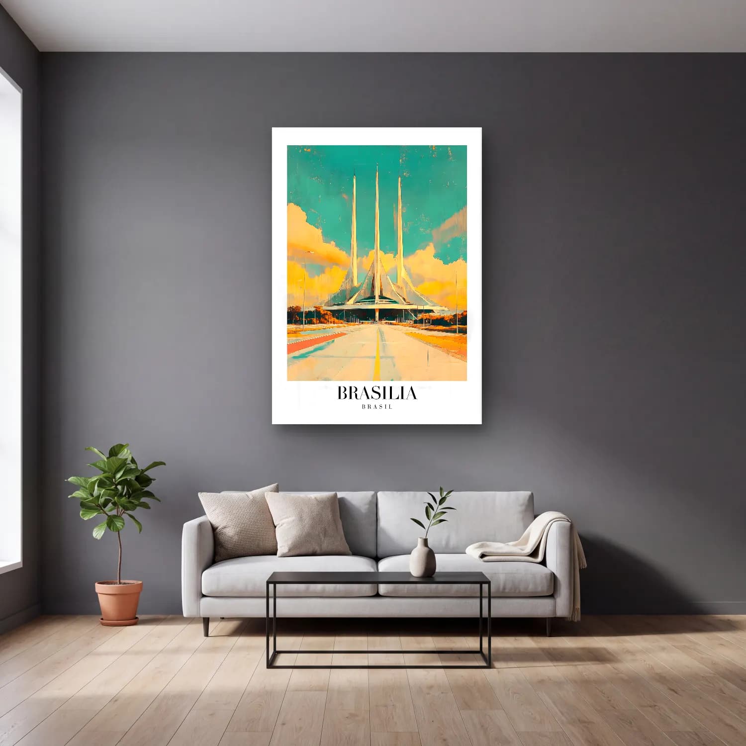 Pastel Katedral No. 14 cam tablo — gri duvarlı salonda