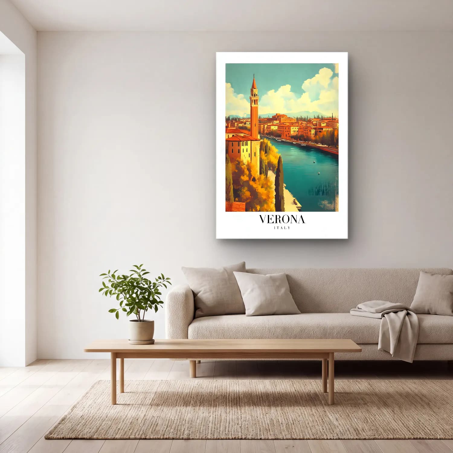 Vintage Poster Venedik Kanalları – Turkuaz Tonlar cam tablo — açık renk salonda