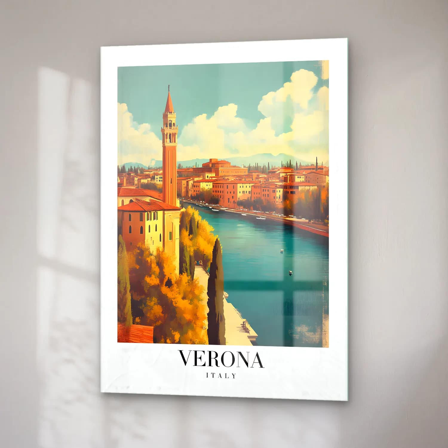 Vintage Poster Venedik Kanalları – Turkuaz Tonlar cam tablo — sağ açıdan görünüm