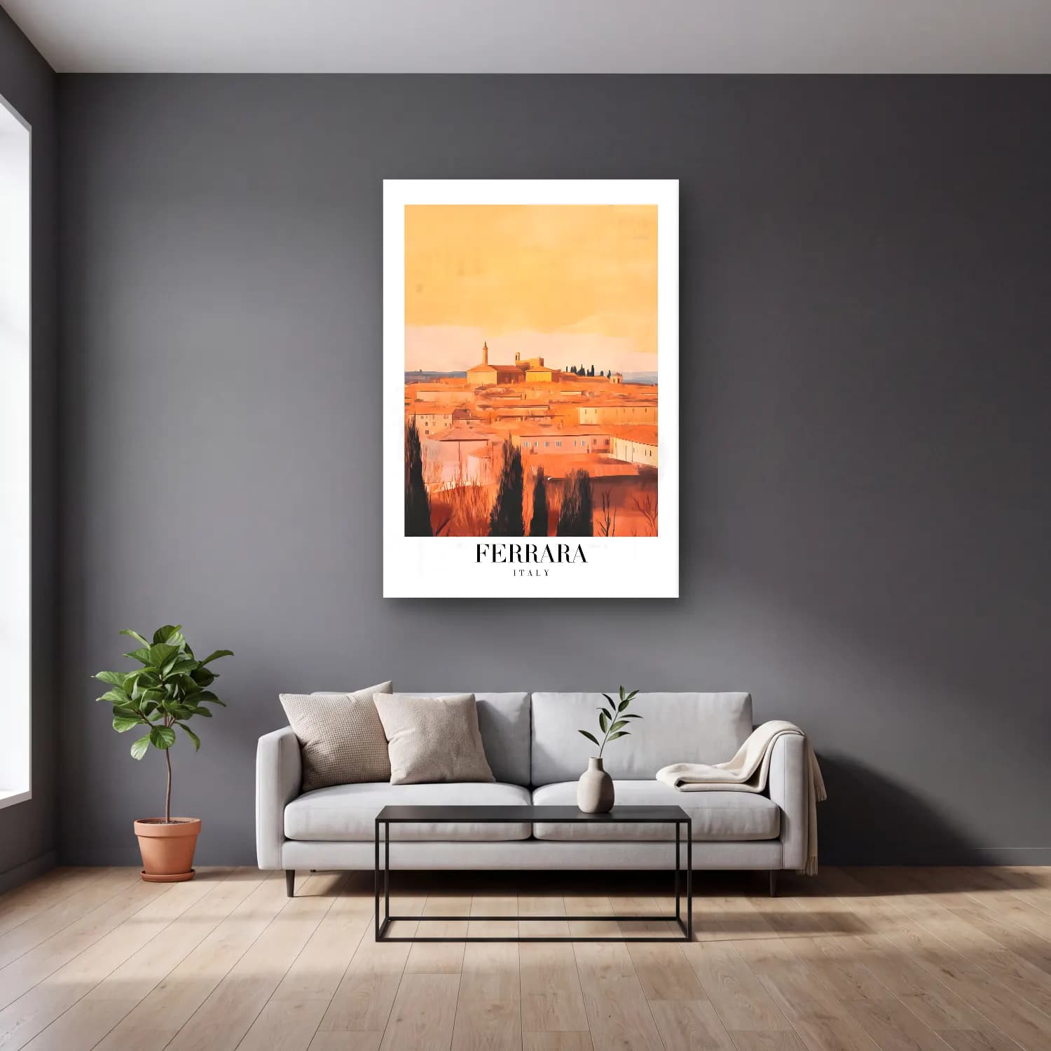 Pastel Roma No. 10 cam tablo — gri duvarlı salonda