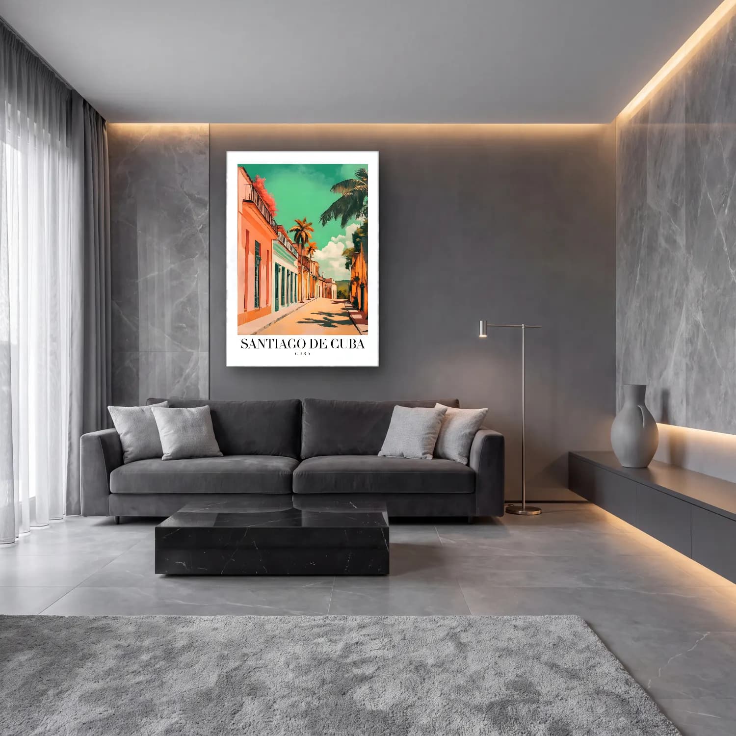Pastel Köy Sokağı No. 12 cam tablo — lüks salon duvarında
