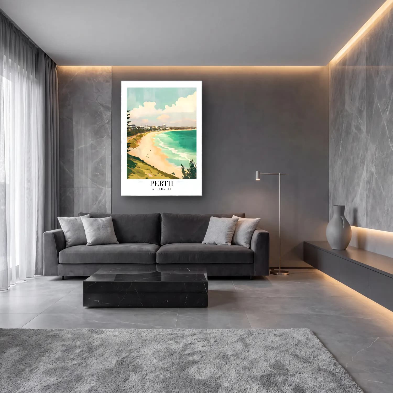 Pastel Dalgalı Sahil No. 29 cam tablo — lüks salon duvarında
