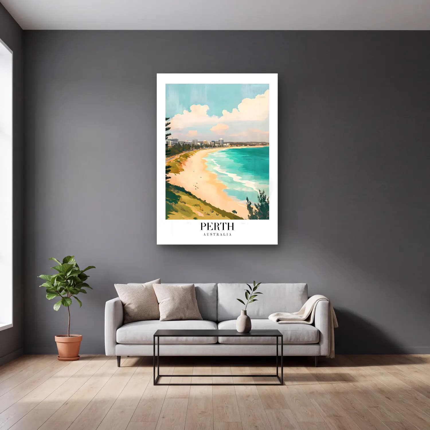 Pastel Dalgalı Sahil No. 29 cam tablo — gri duvarlı salonda
