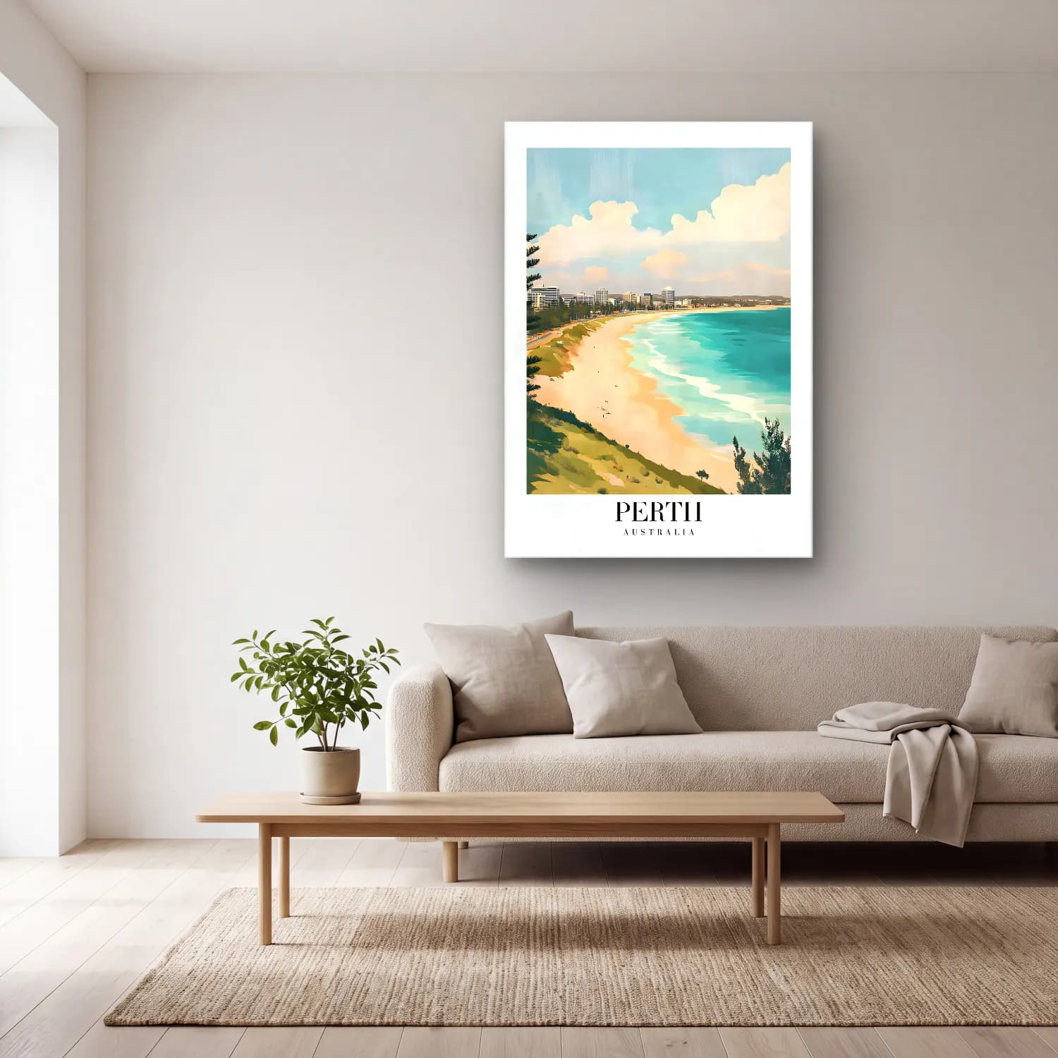 Pastel Dalgalı Sahil No. 29 cam tablo — açık renk salonda