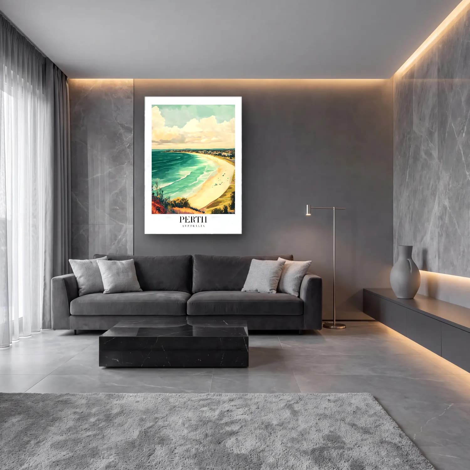 Pastel Dalgalı Sahil No. 30 cam tablo — lüks salon duvarında