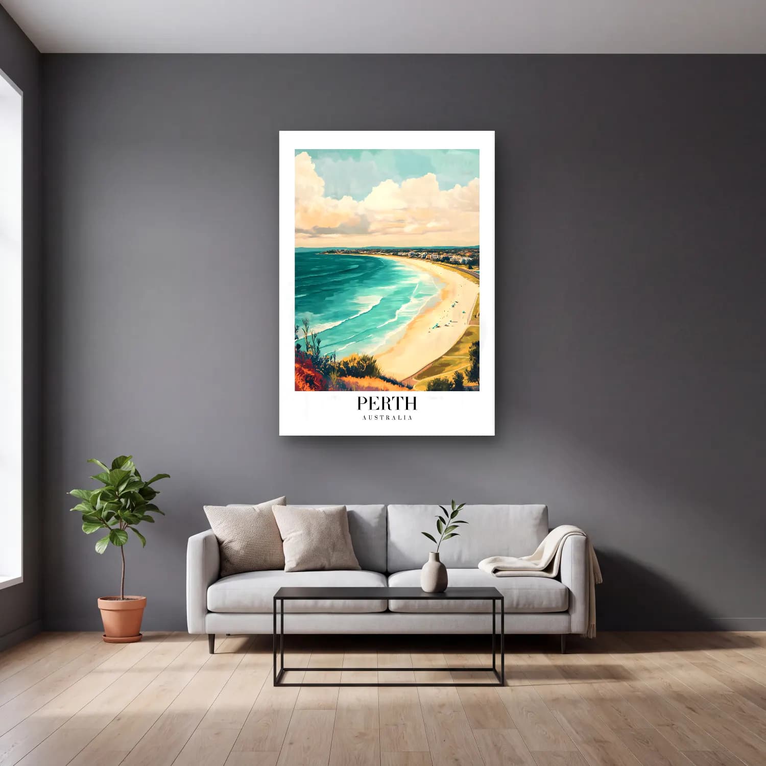Pastel Dalgalı Sahil No. 30 cam tablo — gri duvarlı salonda