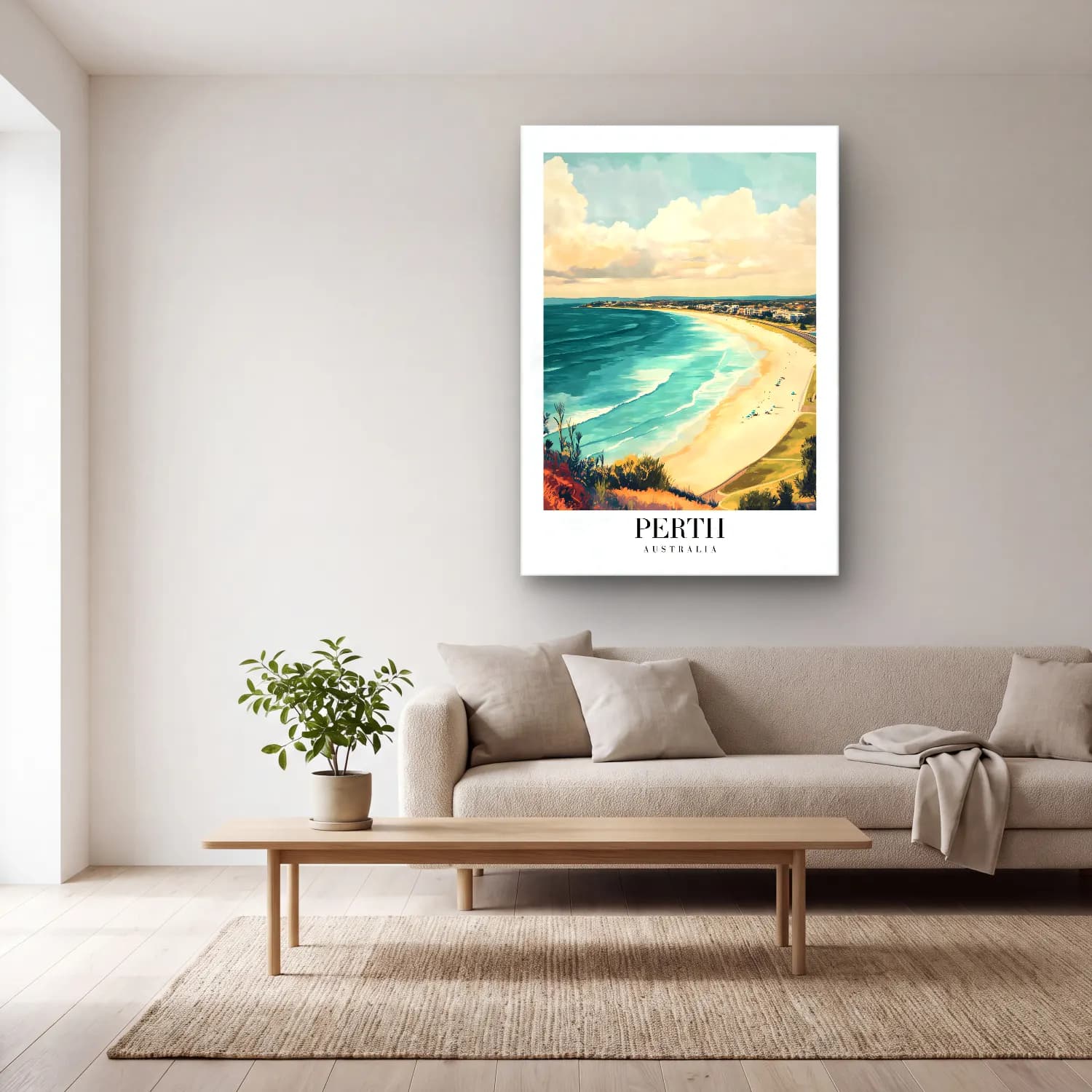 Pastel Dalgalı Sahil No. 30 cam tablo — açık renk salonda