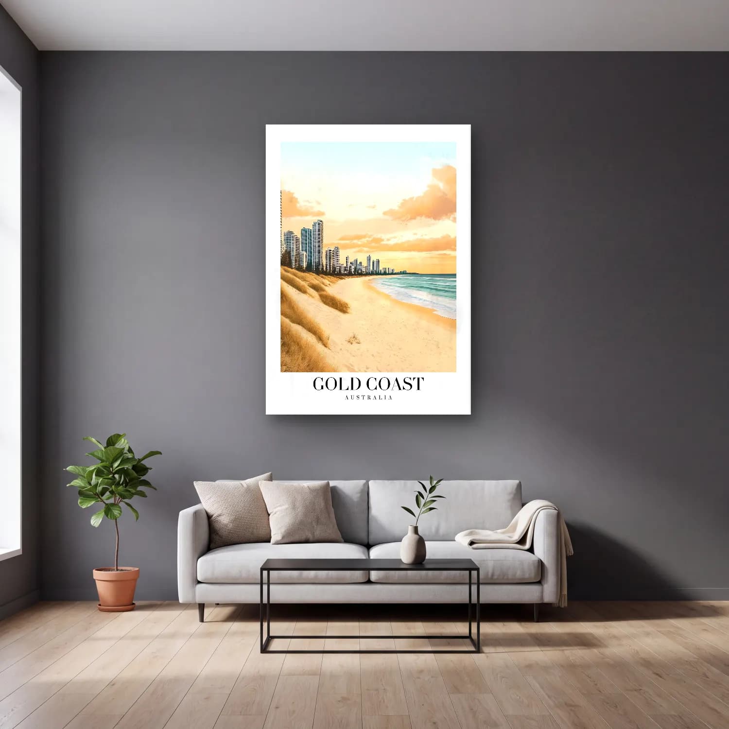Pastel Dalgalı Sahil No. 31 cam tablo — gri duvarlı salonda