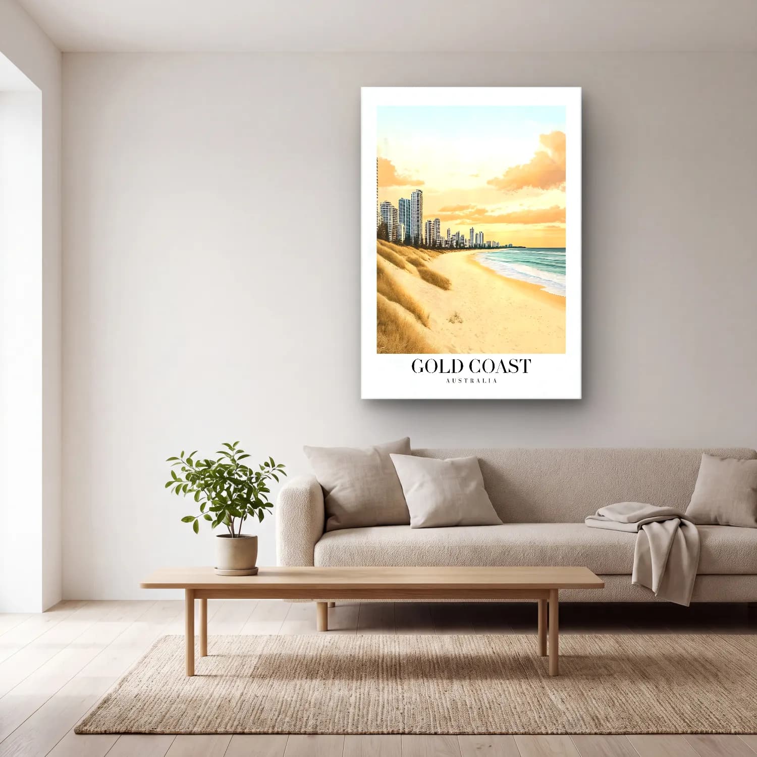 Pastel Dalgalı Sahil No. 31 cam tablo — açık renk salonda