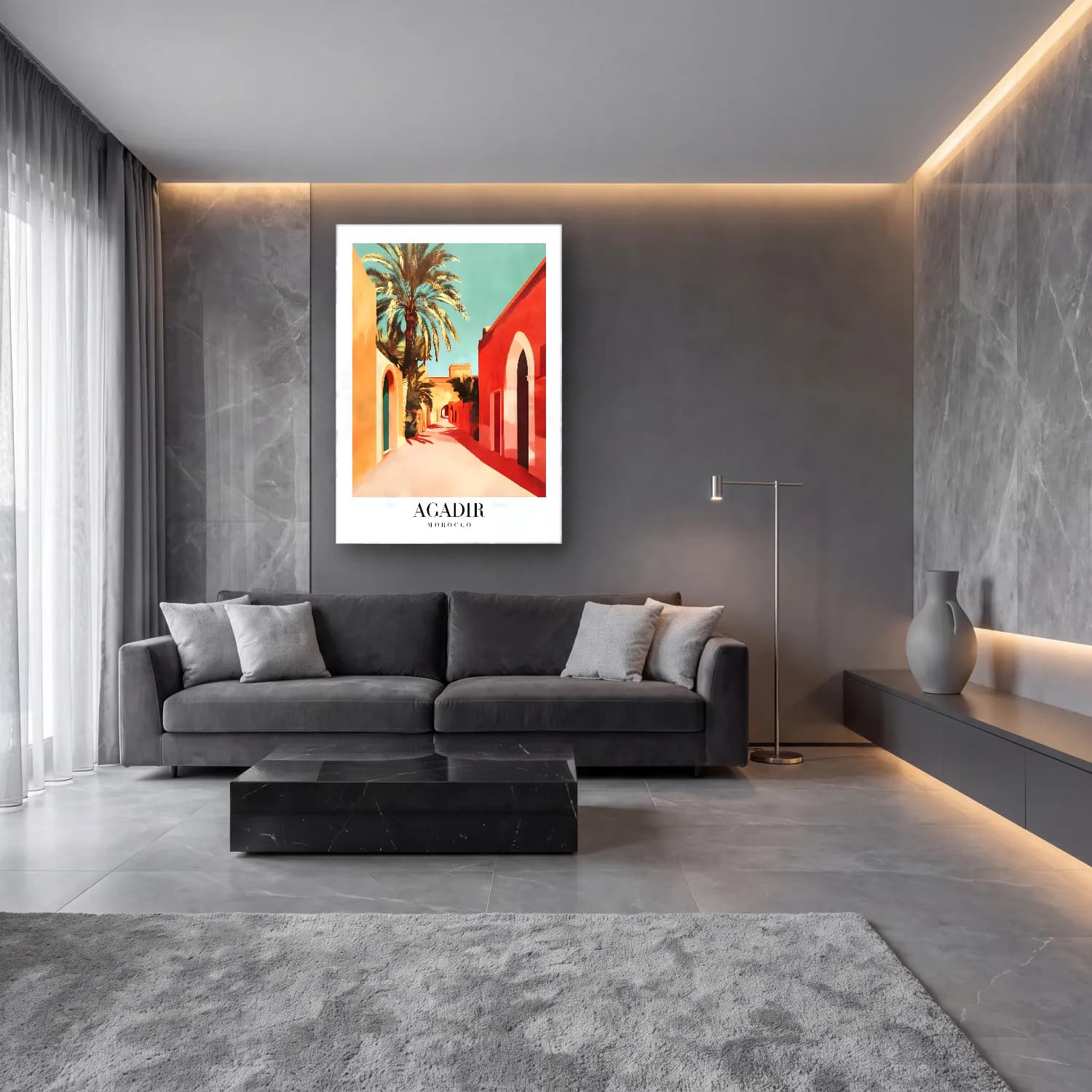 Boho Köy Sokağı cam tablo — lüks salon duvarında