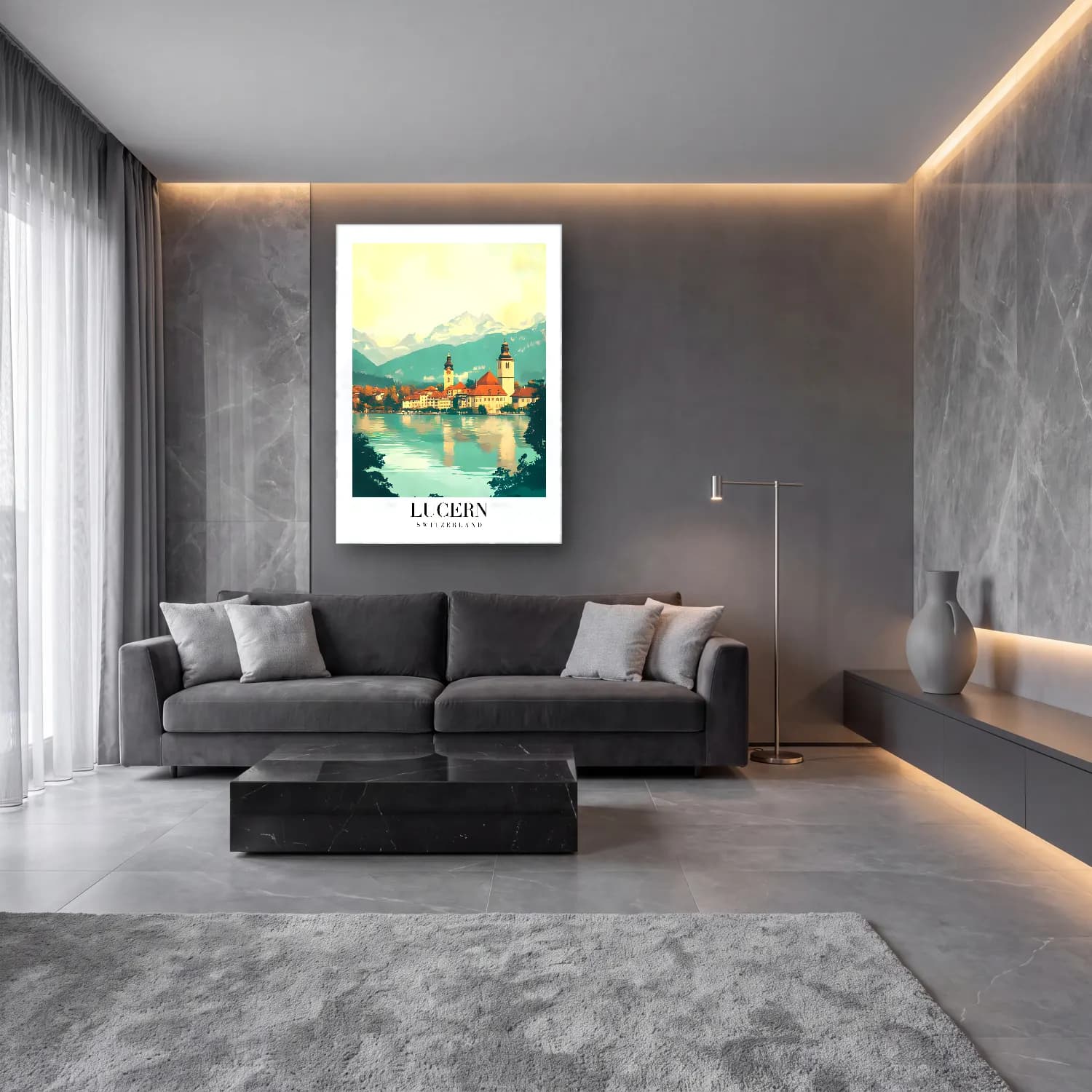 Pastel Göl ve Dağlar No. 11 cam tablo — lüks salon duvarında