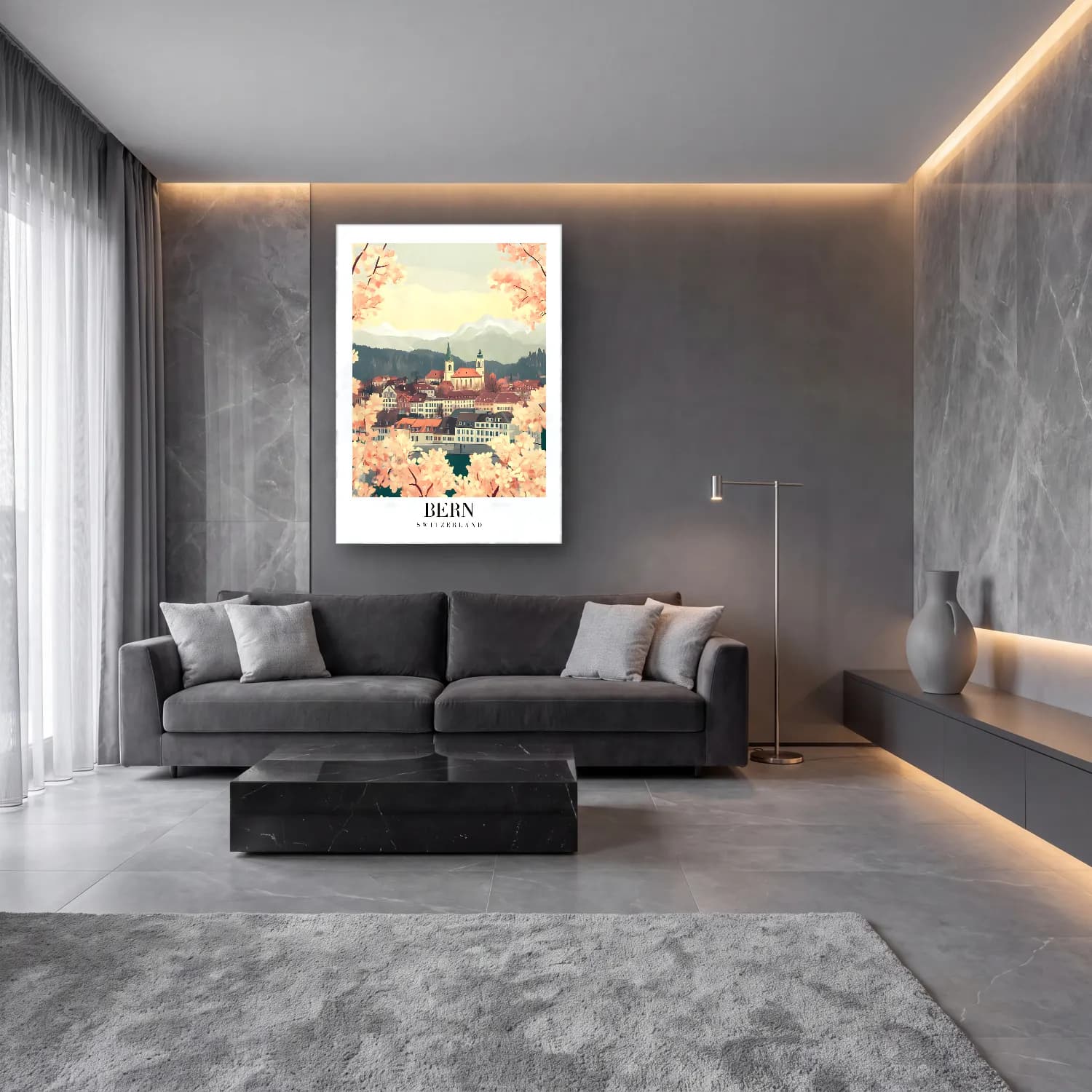 Pastel Kiraz Çiçekleri No. 21 cam tablo — lüks salon duvarında
