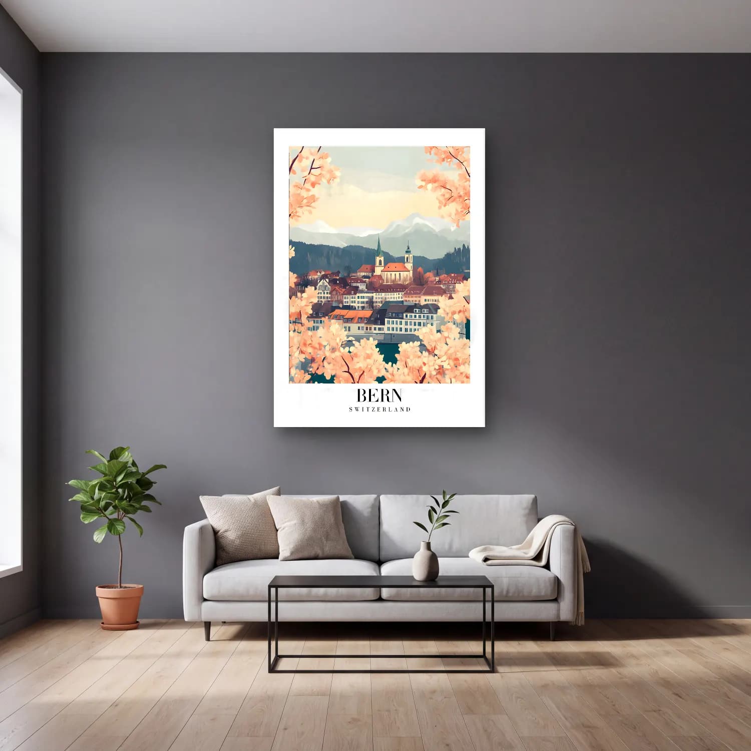 Pastel Kiraz Çiçekleri No. 21 cam tablo — gri duvarlı salonda