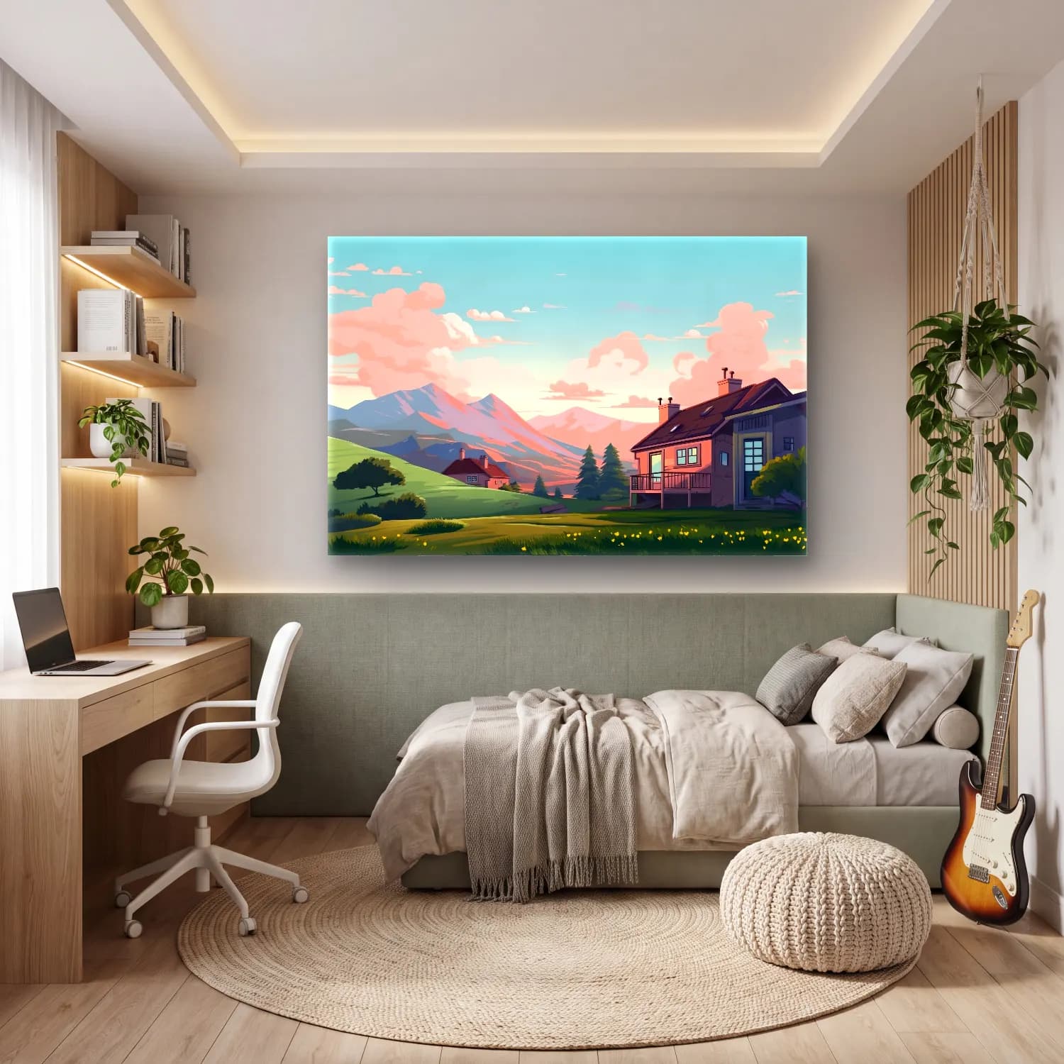 Sevimli İllüstrasyon Dağ Manzarası – Pembe Tonlar cam tablo — genç odasında