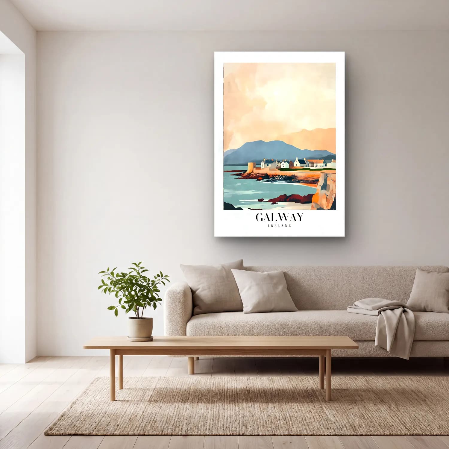 Pastel Akdeniz Sahil Kasabası No. 28 cam tablo — açık renk salonda
