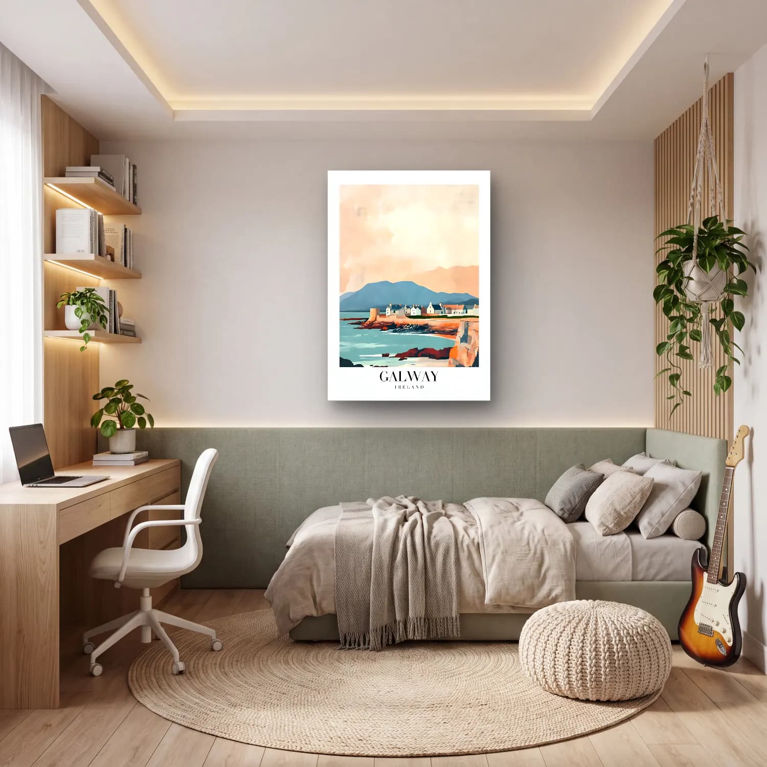 Pastel Akdeniz Sahil Kasabası No. 28 cam tablo — genç odasında